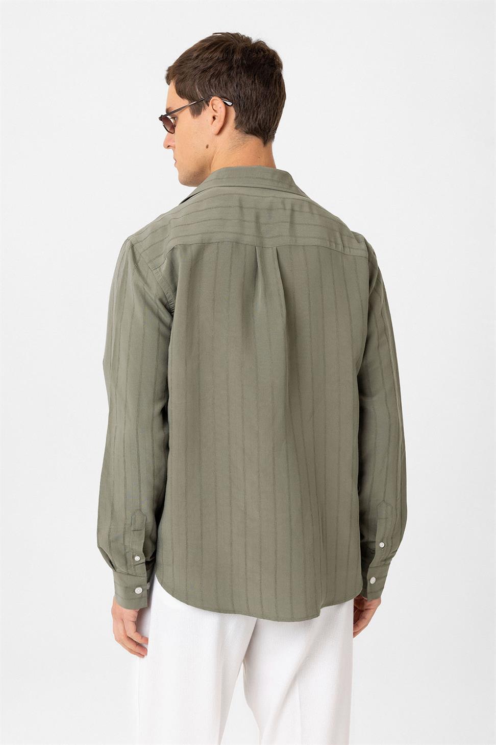 Antioch Haki Relax Fit Çizgili Erkek Gömlek