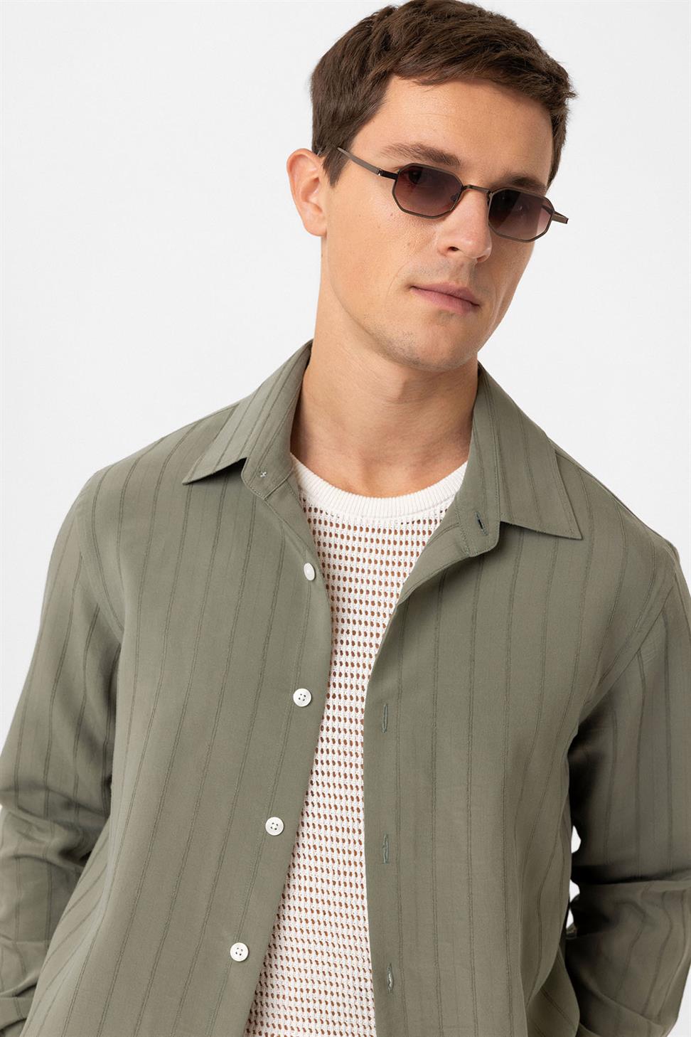 Antioch Haki Relax Fit Çizgili Erkek Gömlek