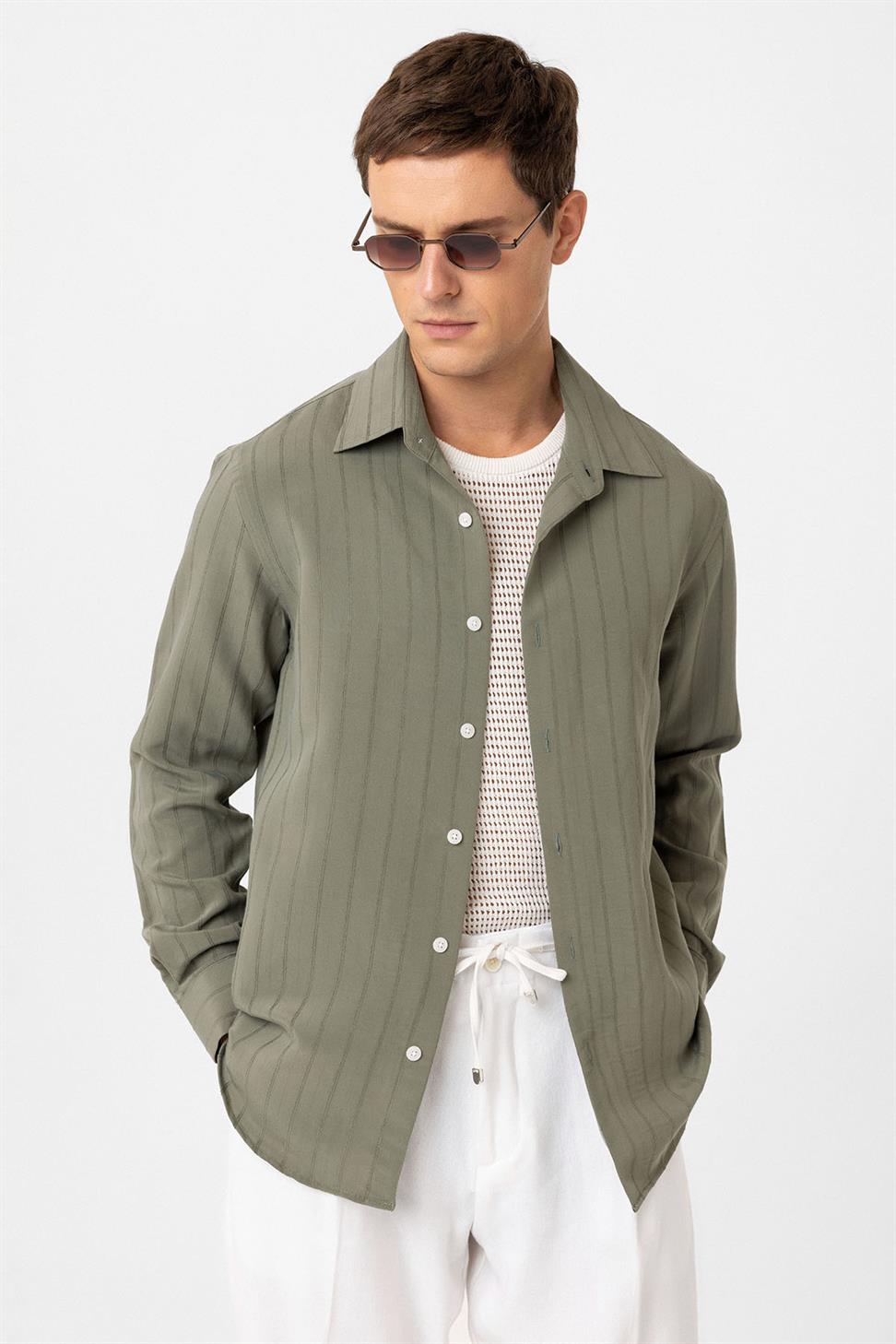 Antioch Haki Relax Fit Çizgili Erkek Gömlek