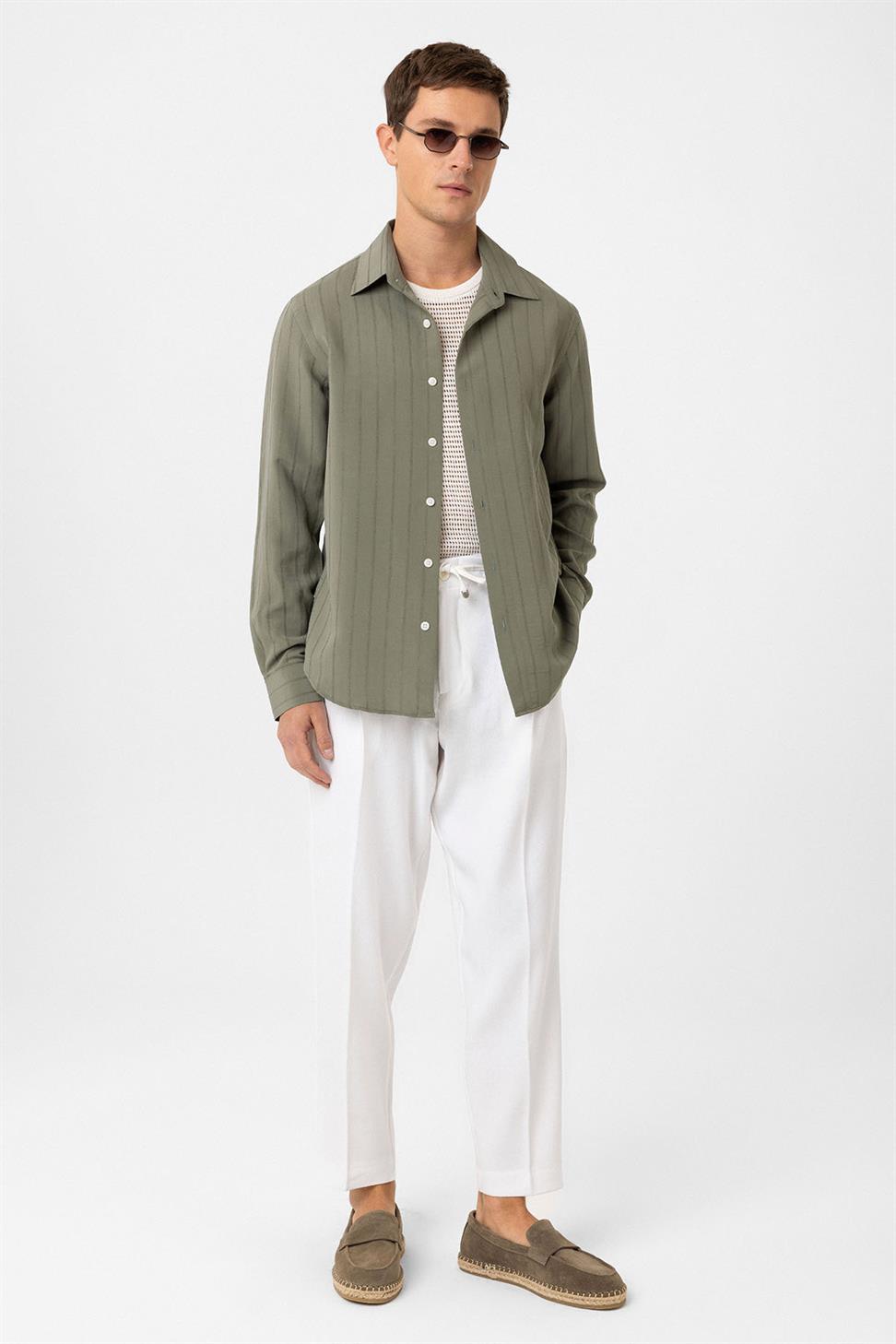 Antioch Haki Relax Fit Çizgili Erkek Gömlek