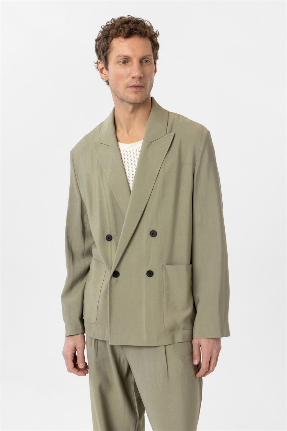 Antioch Haki Relax Fit Diagonel İnce Erkek Blazer Ceket