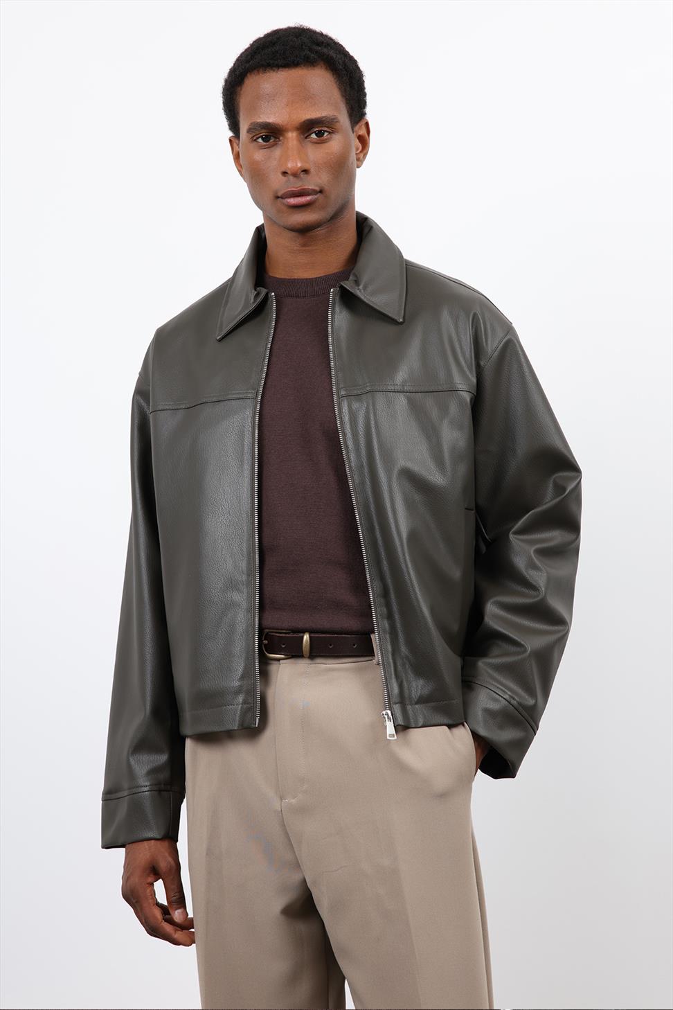 Antioch Haki Relax Fit Erkek Deri Mont