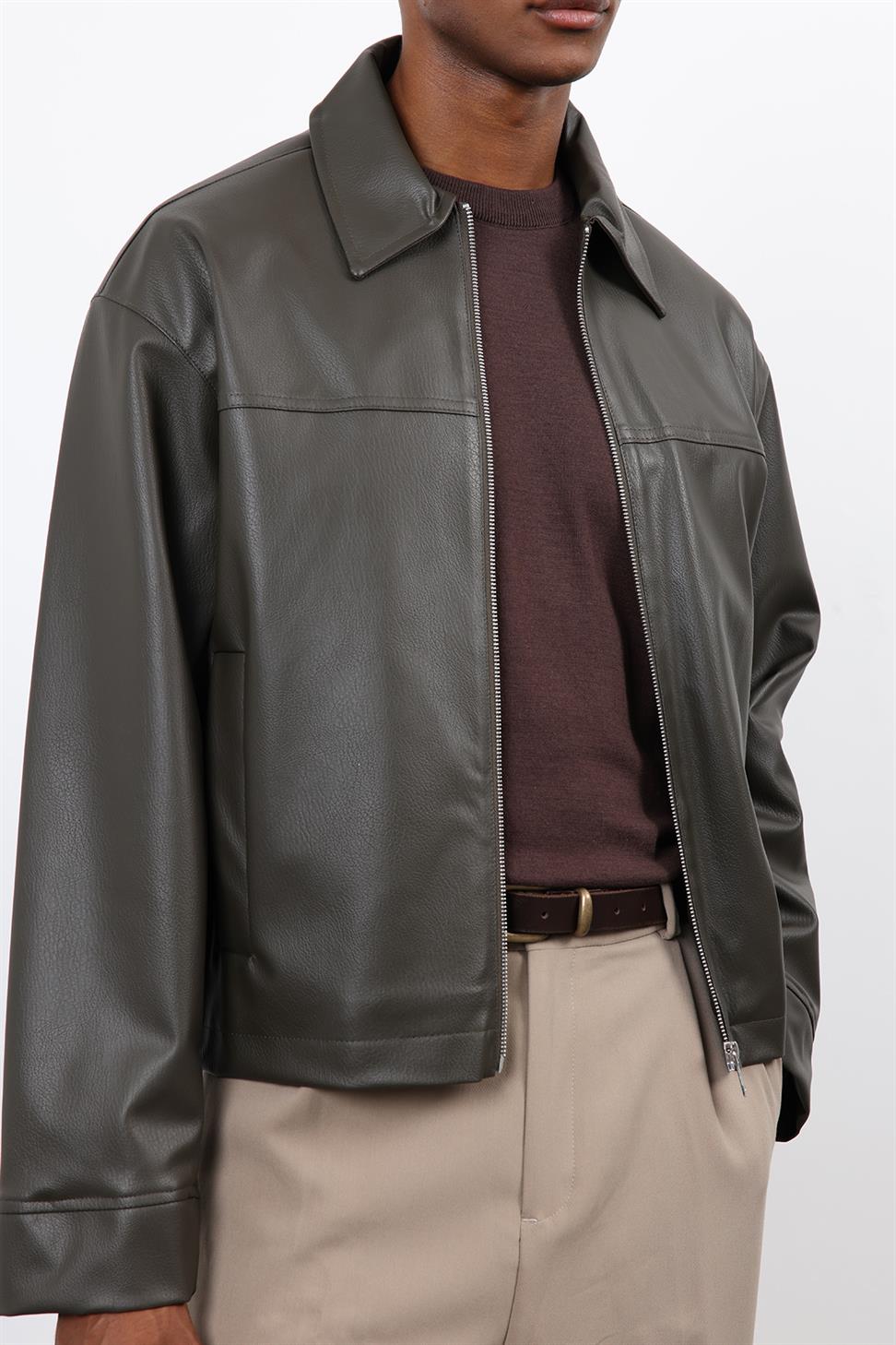 Antioch Haki Relax Fit Erkek Deri Mont