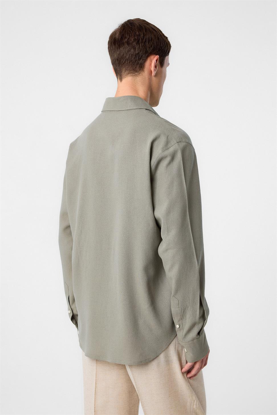 Antioch Haki Relax Fit Keten Karışımlı Erkek Gömlek