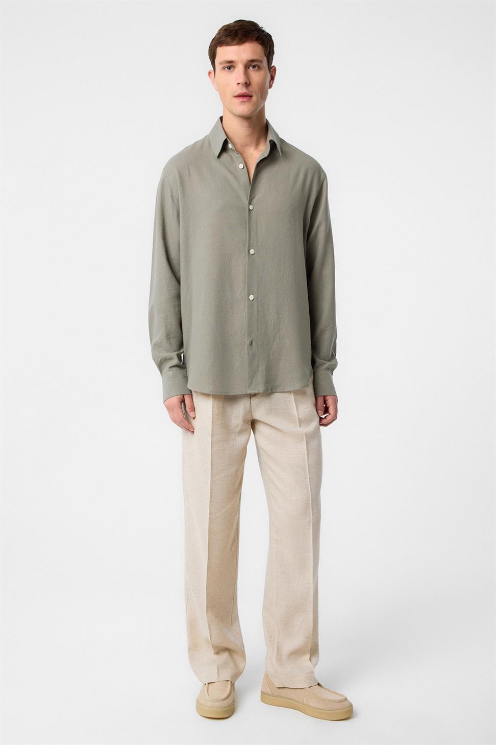 Antioch Haki Relax Fit Keten Karışımlı Erkek Gömlek