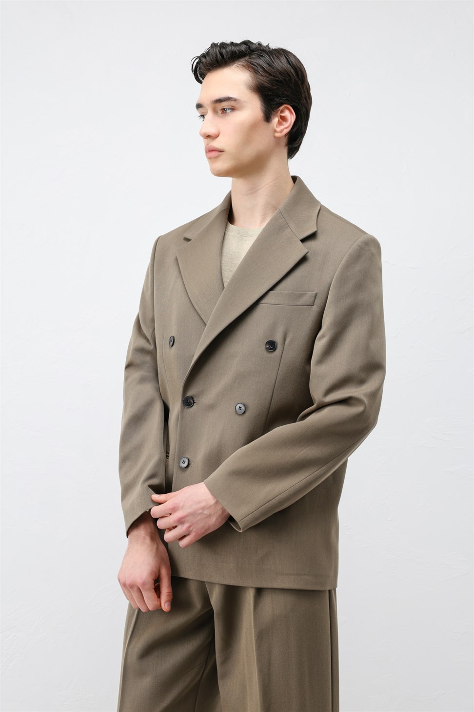 Antioch Haki Relax Fit Kruvaze Erkek Blazer Ceket
