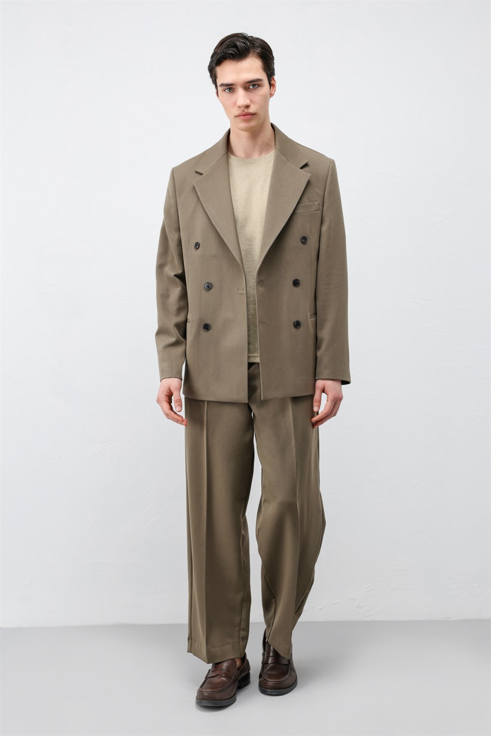 Antioch Haki Relax Fit Kruvaze Erkek Blazer Ceket