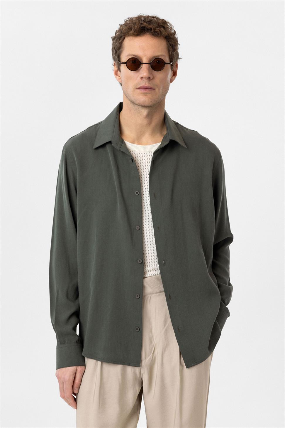 Antioch Haki Relax Fit Liyosel Kumaş Erkek Gömlek