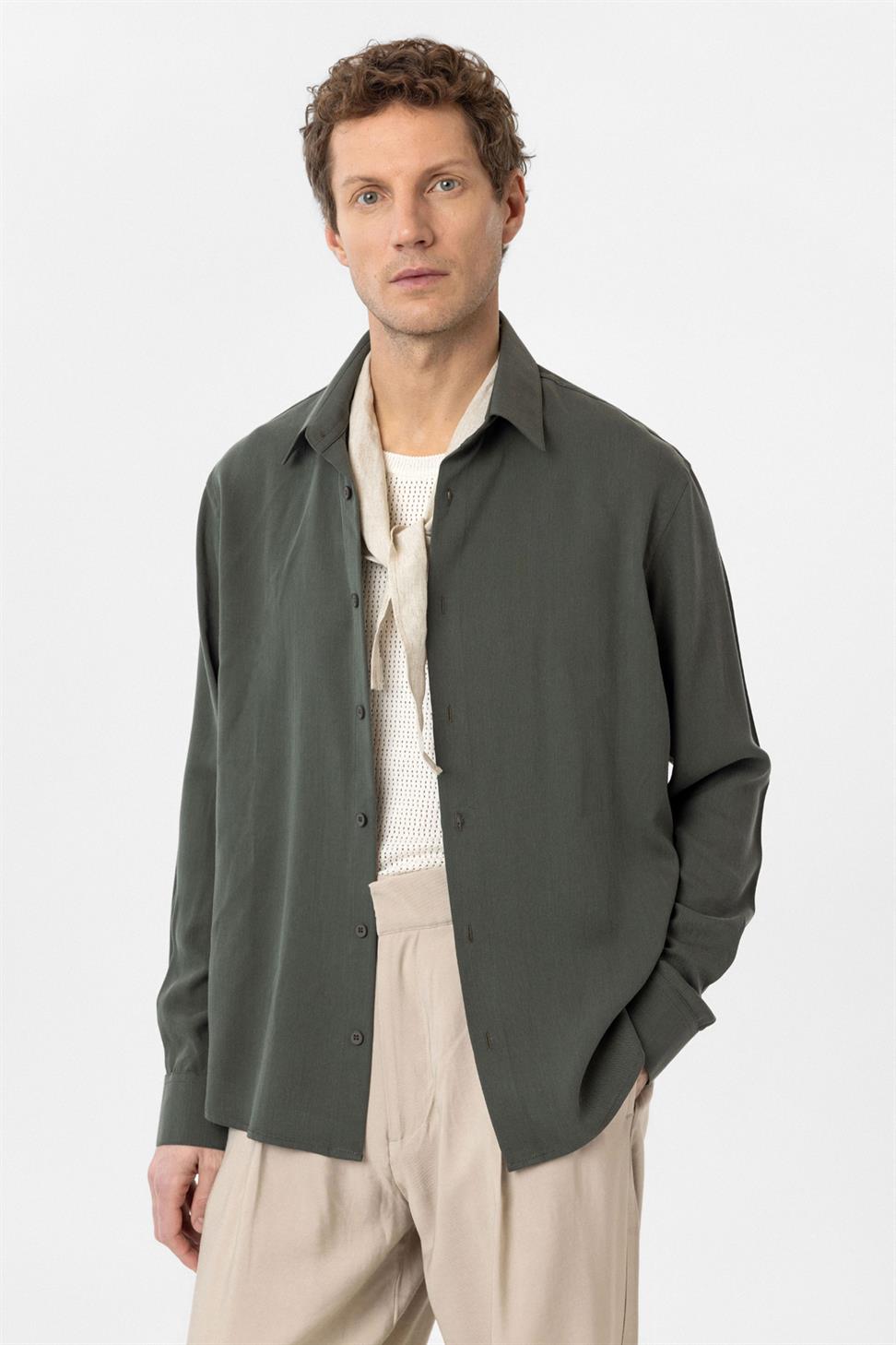Antioch Haki Relax Fit Liyosel Kumaş Erkek Gömlek