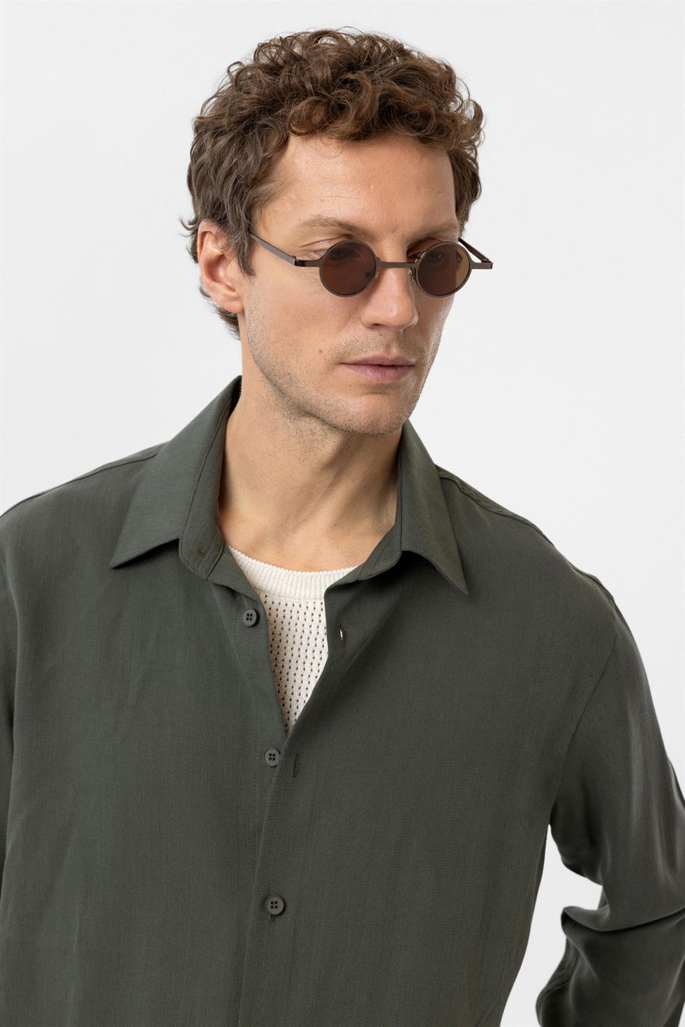 Antioch Haki Relax Fit Liyosel Kumaş Erkek Gömlek