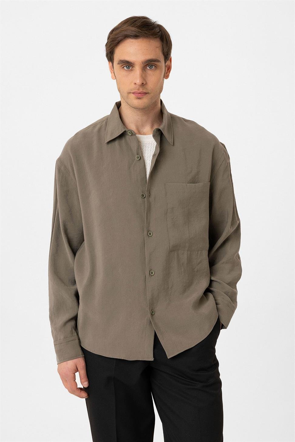 Antioch Haki Relax Fit Modal Kumaş Erkek Gömlek