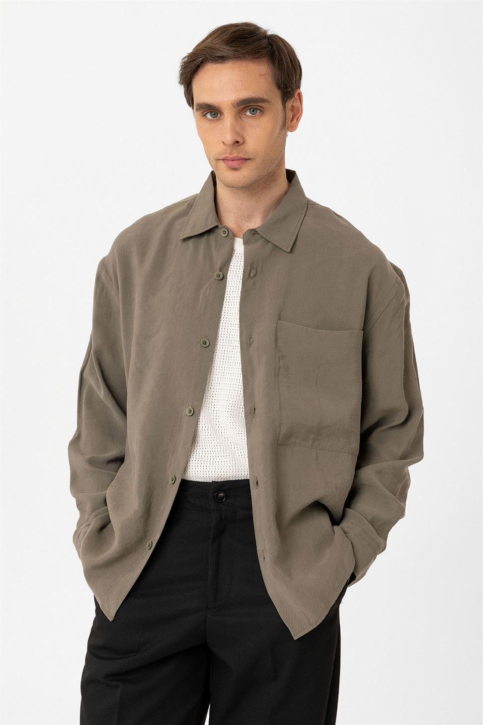 Antioch Haki Relax Fit Modal Kumaş Erkek Gömlek