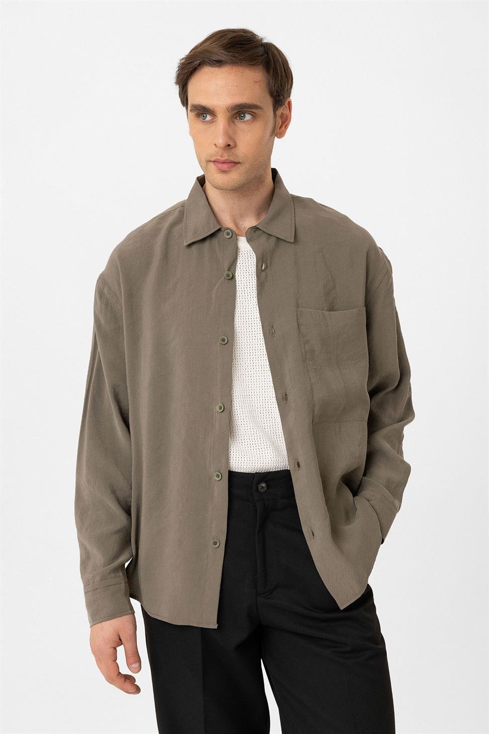 Antioch Haki Relax Fit Modal Kumaş Erkek Gömlek