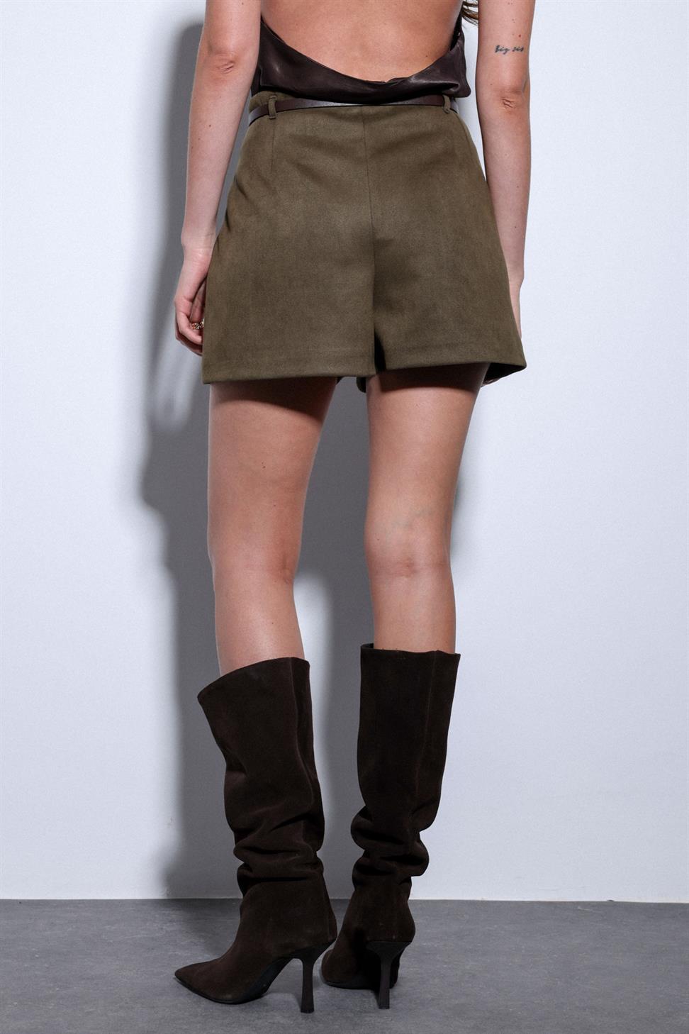 Antioch Haki Süet Görünümlü Pileli Kadın Şort