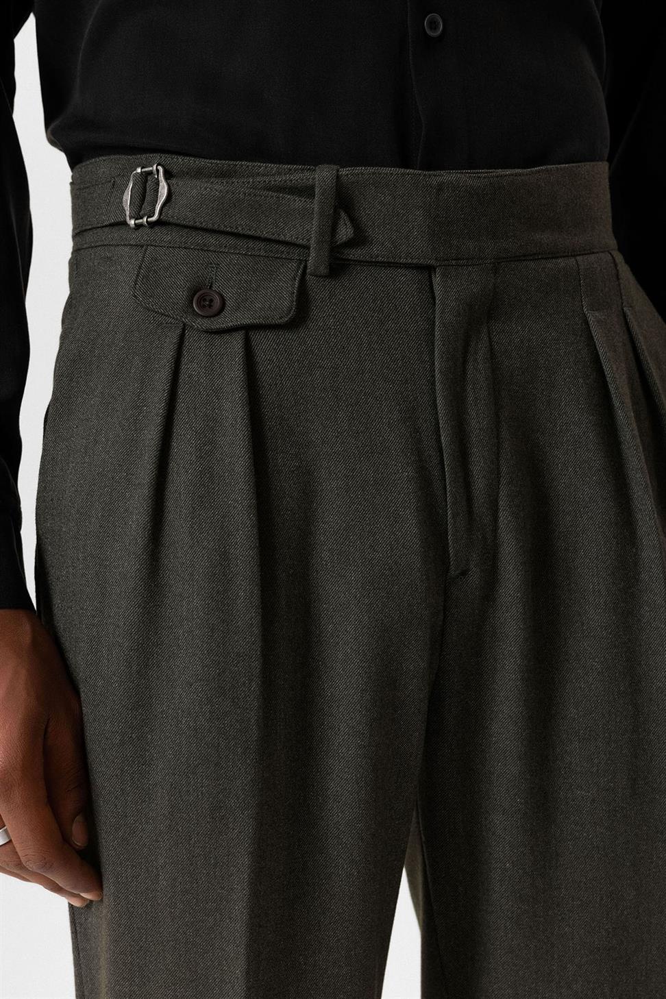 Antioch Haki Toka Detaylı Yüksek Bel Erkek Pantolon