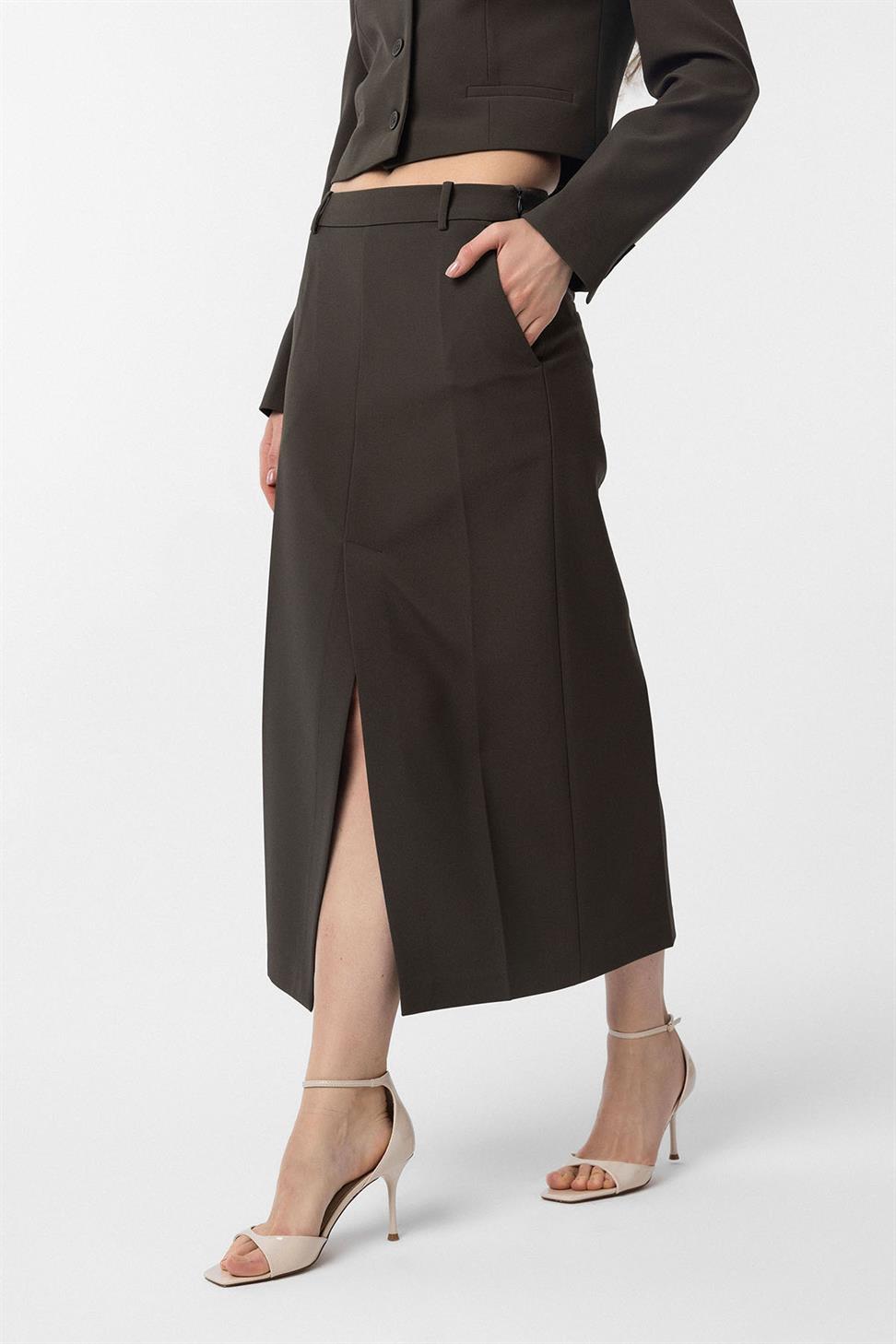 Antioch Haki Yırtmaçlı Kadın Kalem Etek