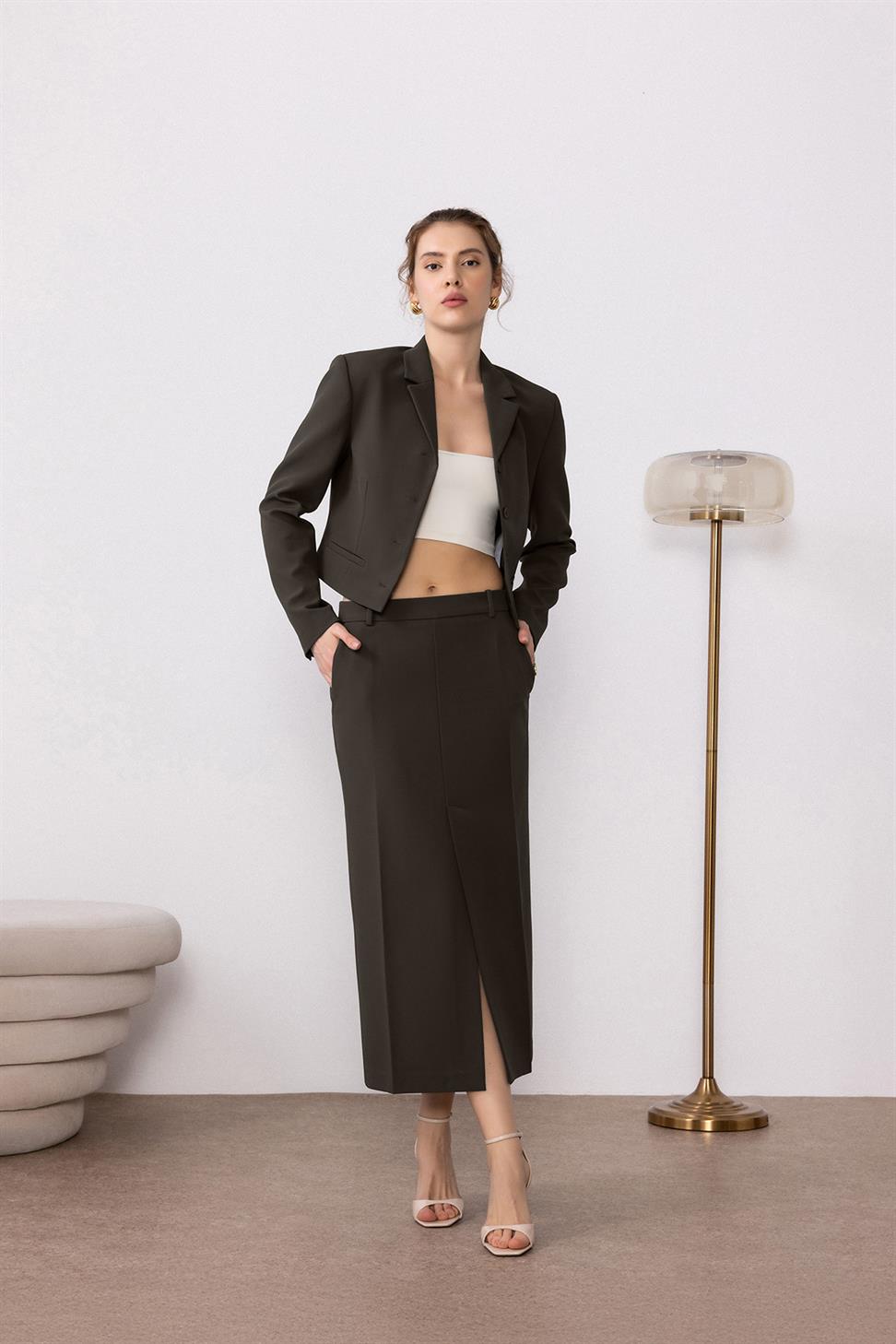 Antioch Haki Yırtmaçlı Kadın Kalem Etek