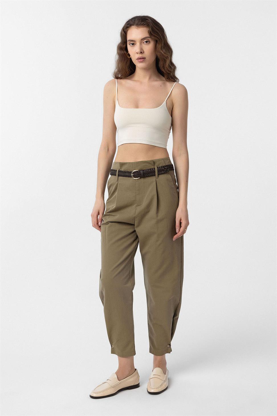 Antioch Haki Yüksek Bel Paçası Düğmeli Fit Kadın Pantolon