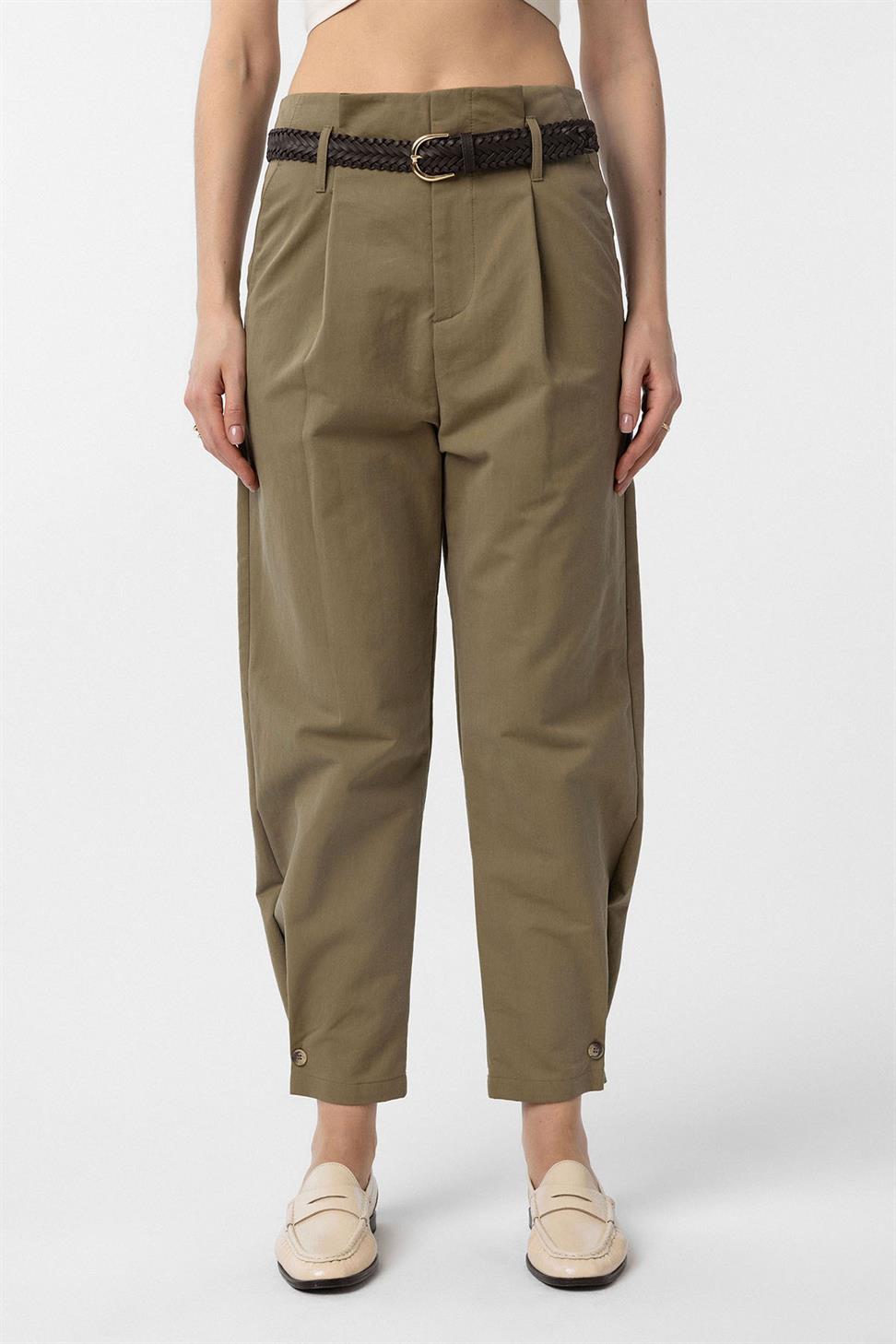 Antioch Haki Yüksek Bel Paçası Düğmeli Fit Kadın Pantolon