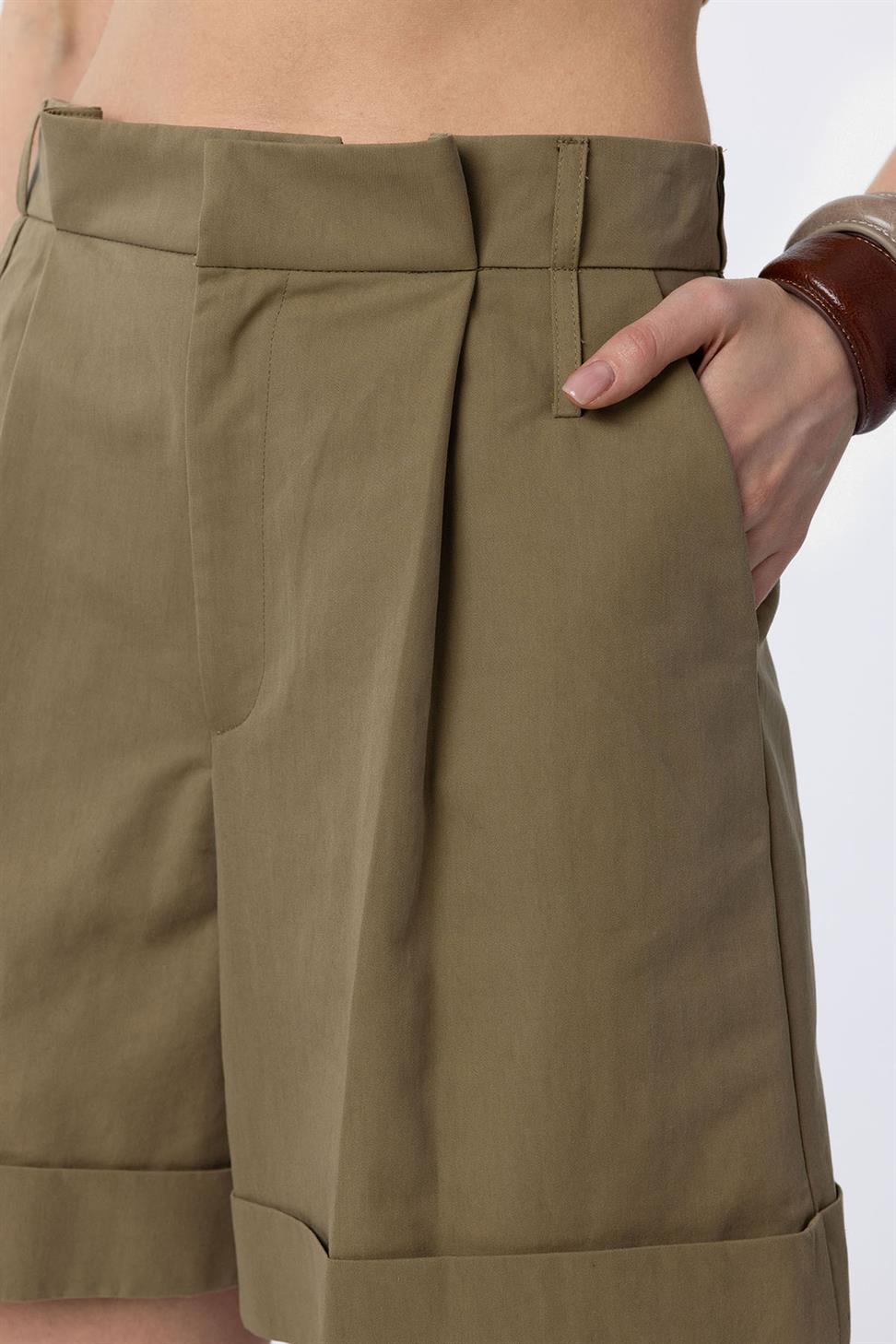 Antioch Haki Yüksek Bel Pensli  Kadın Bermuda Şort