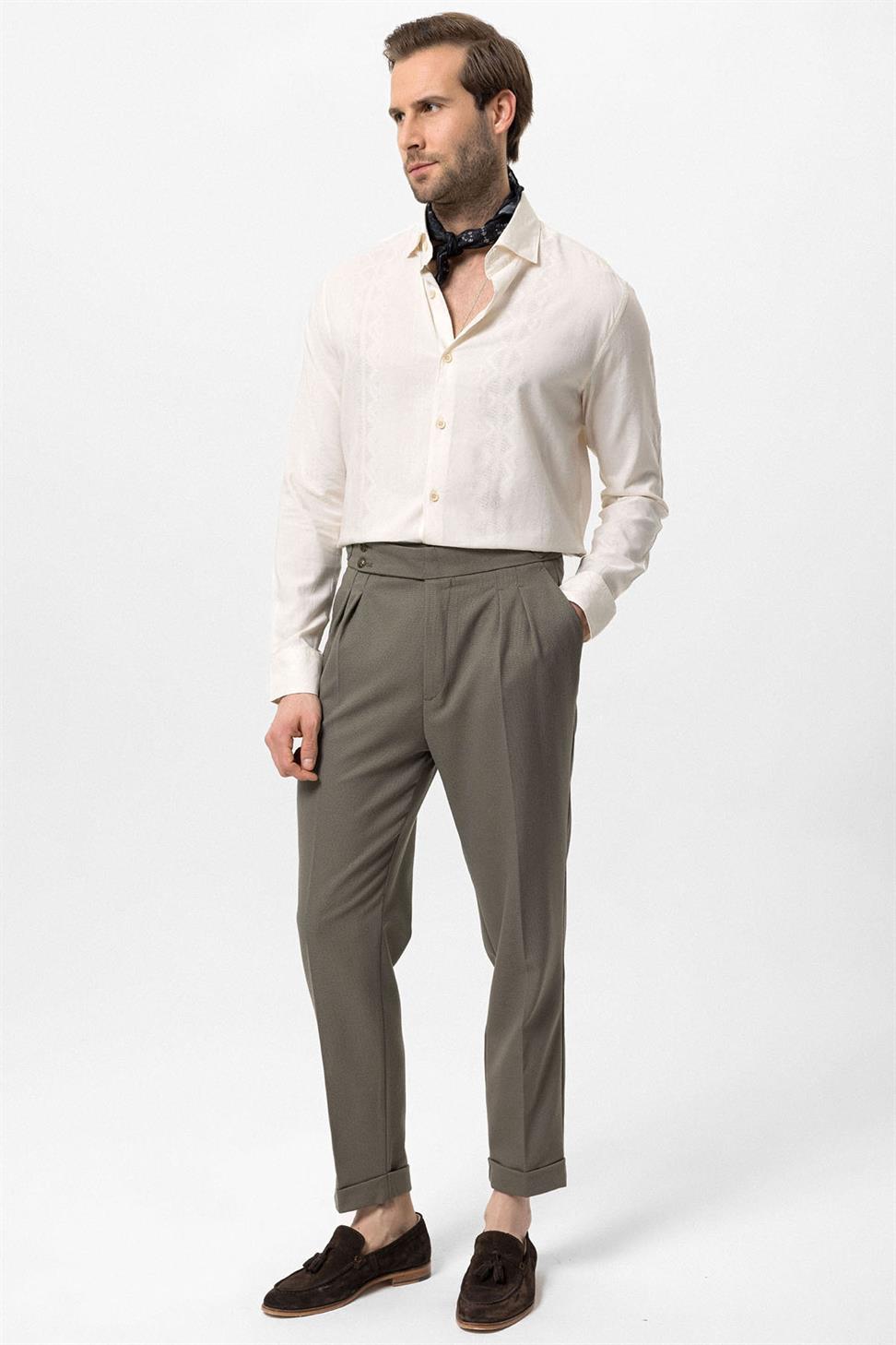 Antioch Haki Yüksek Bel Yandan Tokalı Pileli Kumaş Pantolon