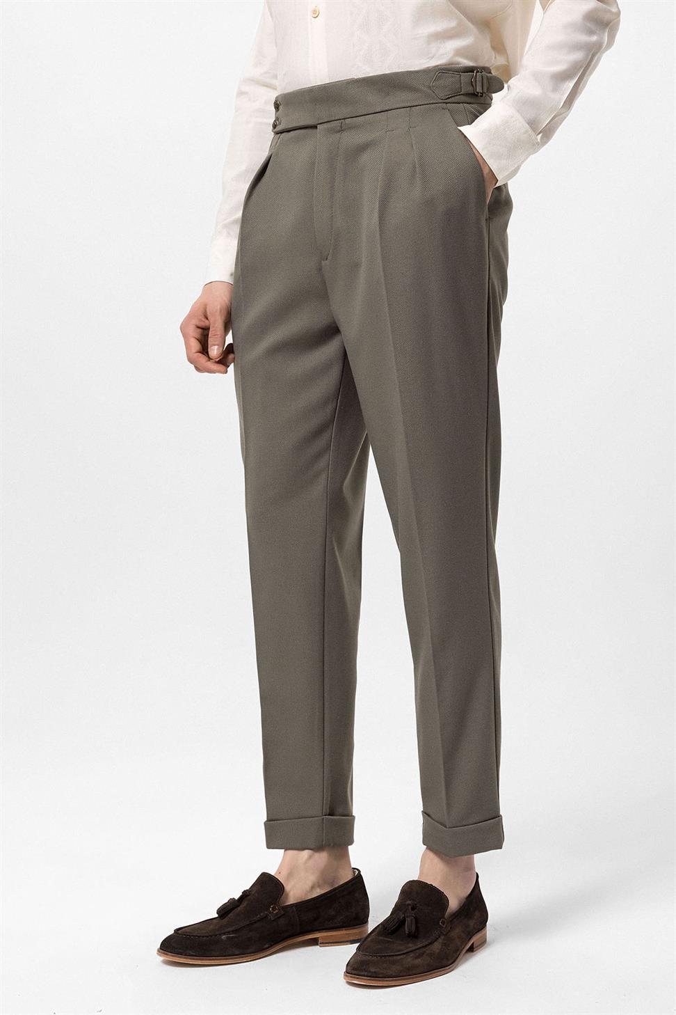 Antioch Haki Yüksek Bel Yandan Tokalı Pileli Kumaş Pantolon