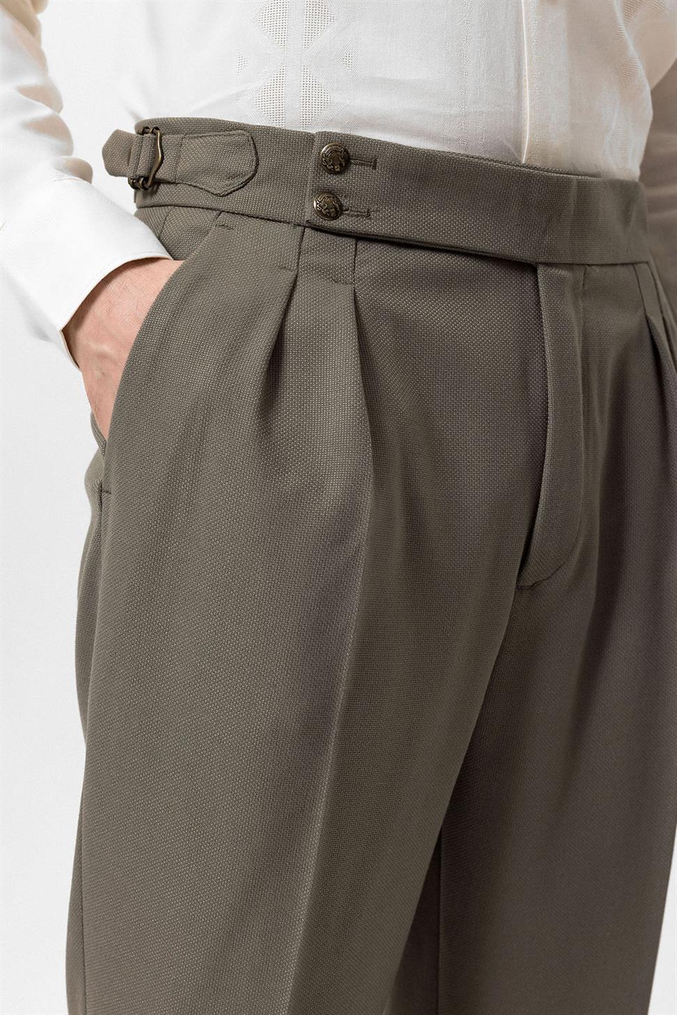 Antioch Haki Yüksek Bel Yandan Tokalı Pileli Kumaş Pantolon