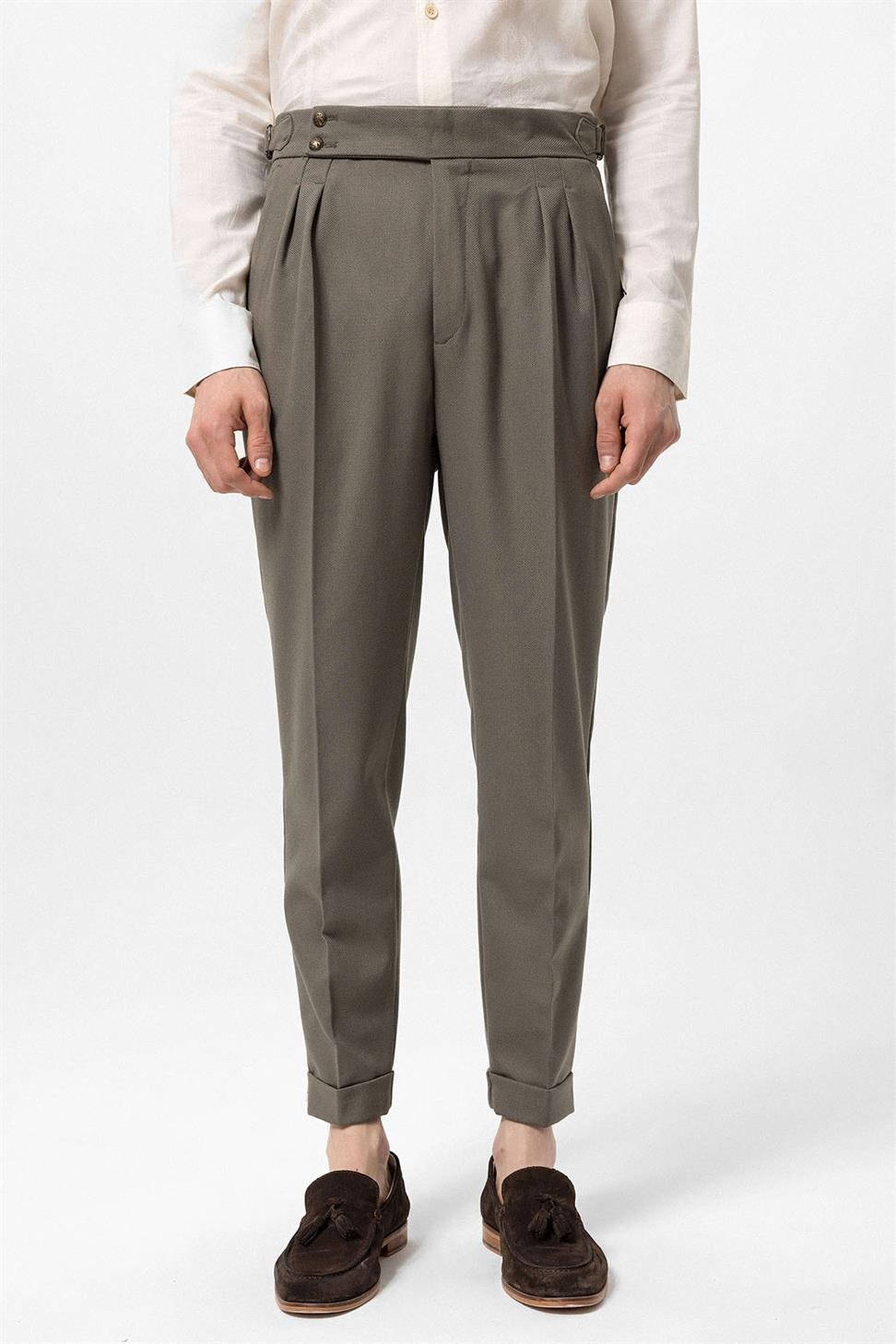 Antioch Haki Yüksek Bel Yandan Tokalı Pileli Kumaş Pantolon