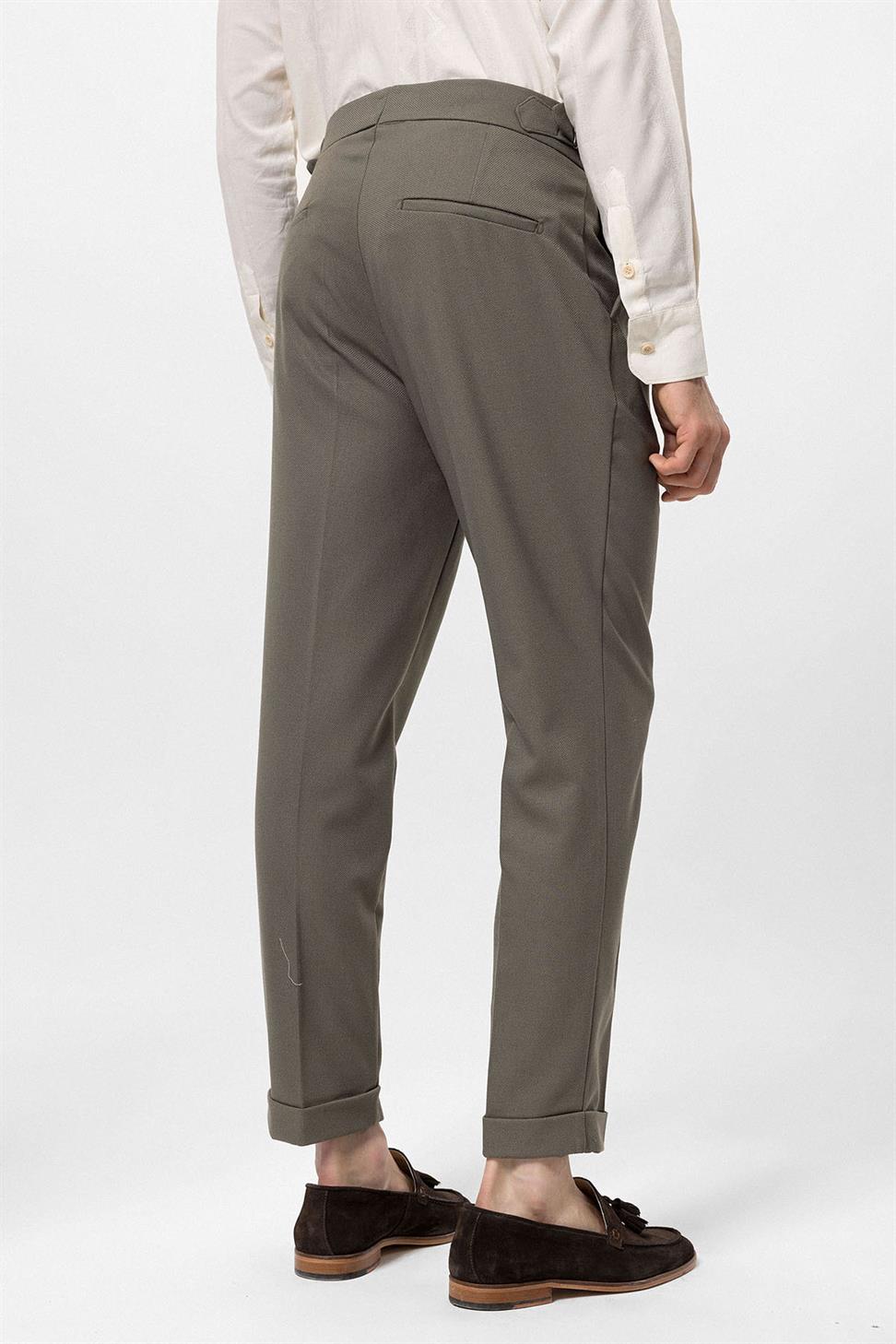 Antioch Haki Yüksek Bel Yandan Tokalı Pileli Kumaş Pantolon