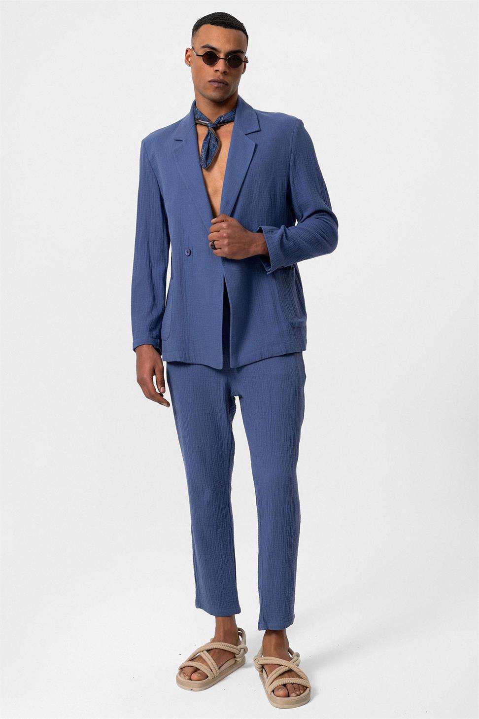 سترة بليزر للرجال غير مبطنة مزدوجة الصدر