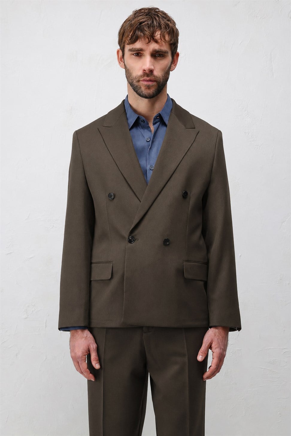 Antioch Kahve 1 Relax Fit Kruvaze Erkek Blazer Ceket