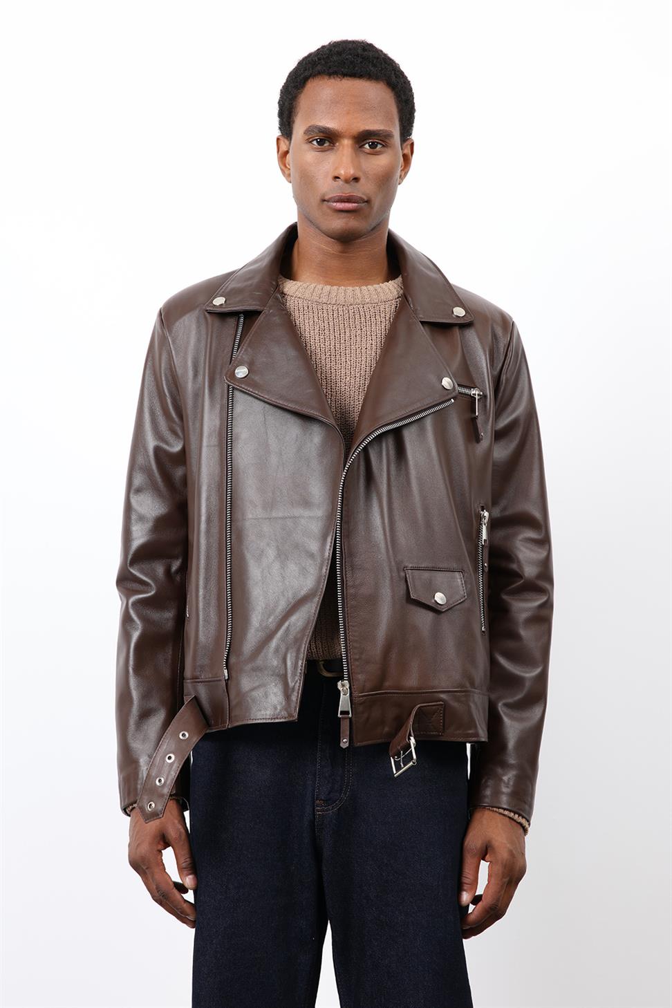 Antioch Kahve 100% Deri Biker Ceket