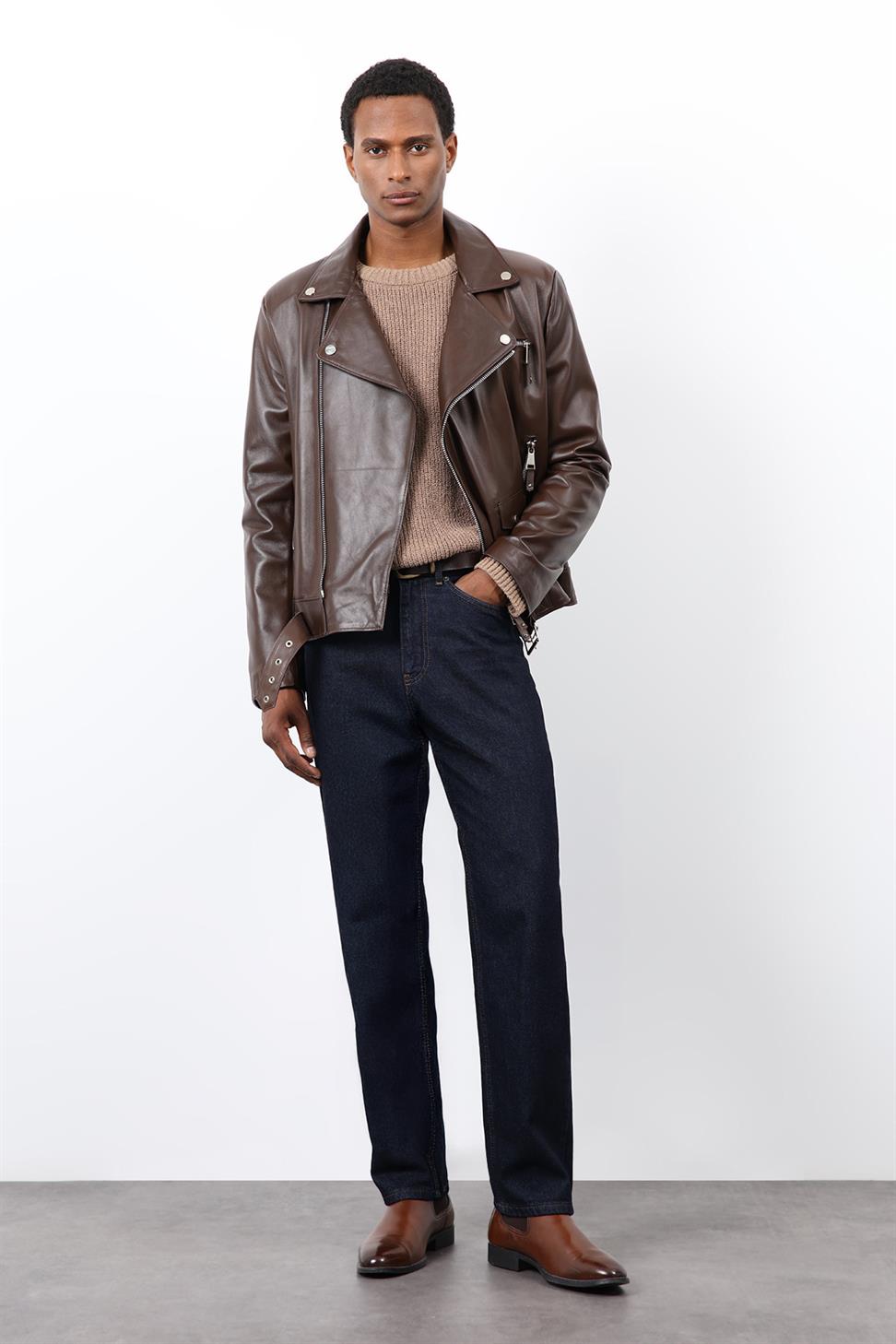 Antioch Kahve 100% Deri Biker Ceket