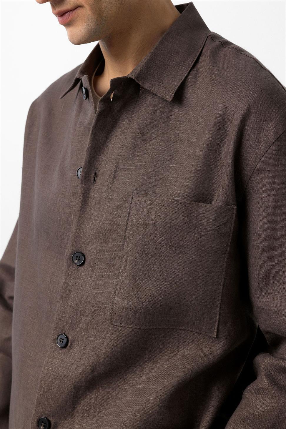 Antioch Kahve 100% Keten Relax Fit Erkek İnce Ceket