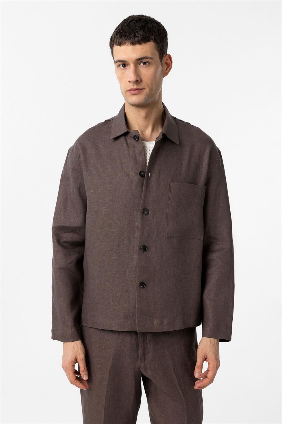 Antioch Kahve 100% Keten Relax Fit Erkek İnce Ceket
