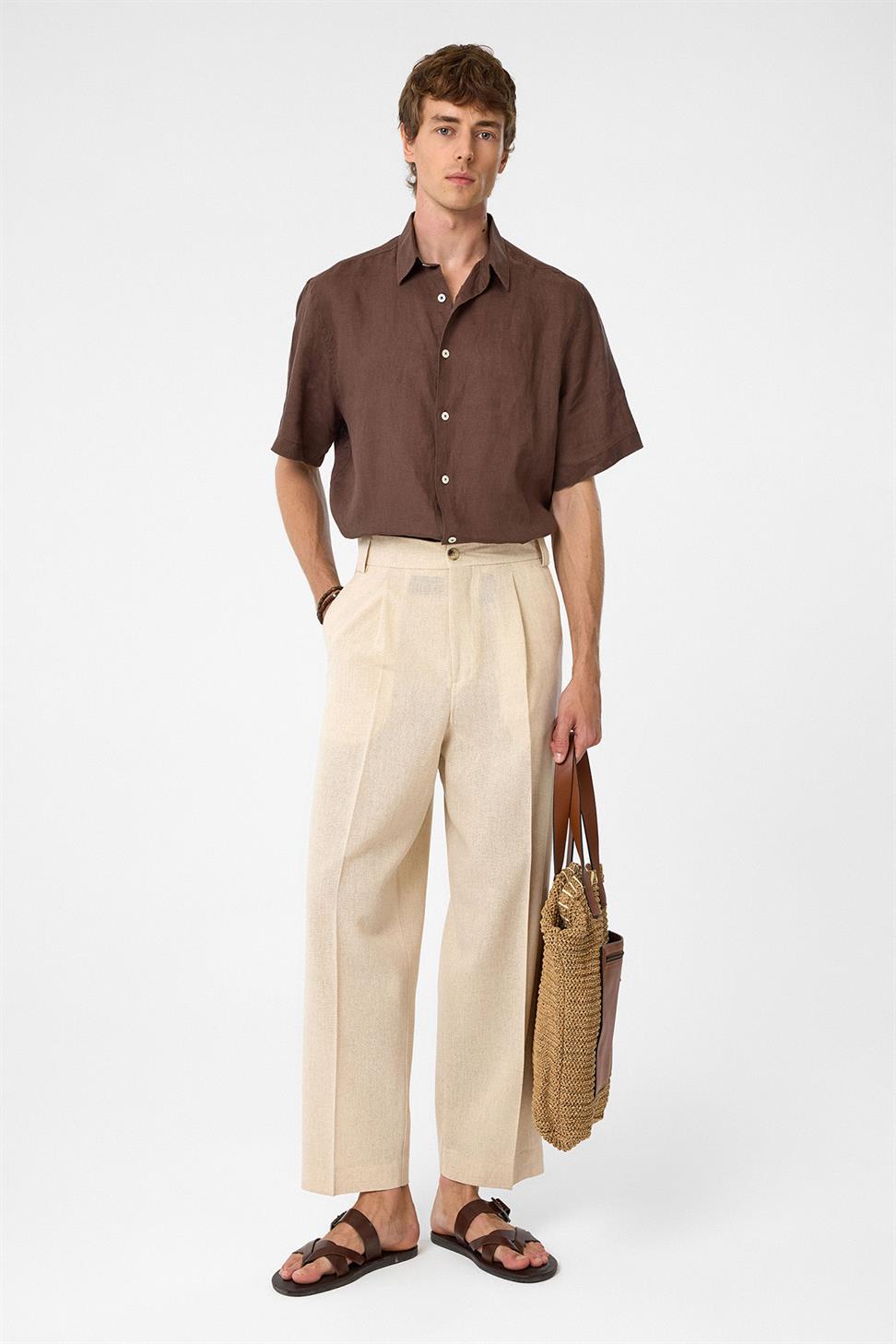 Antioch Kahve 100% Keten Relaxed Erkek Gömlek