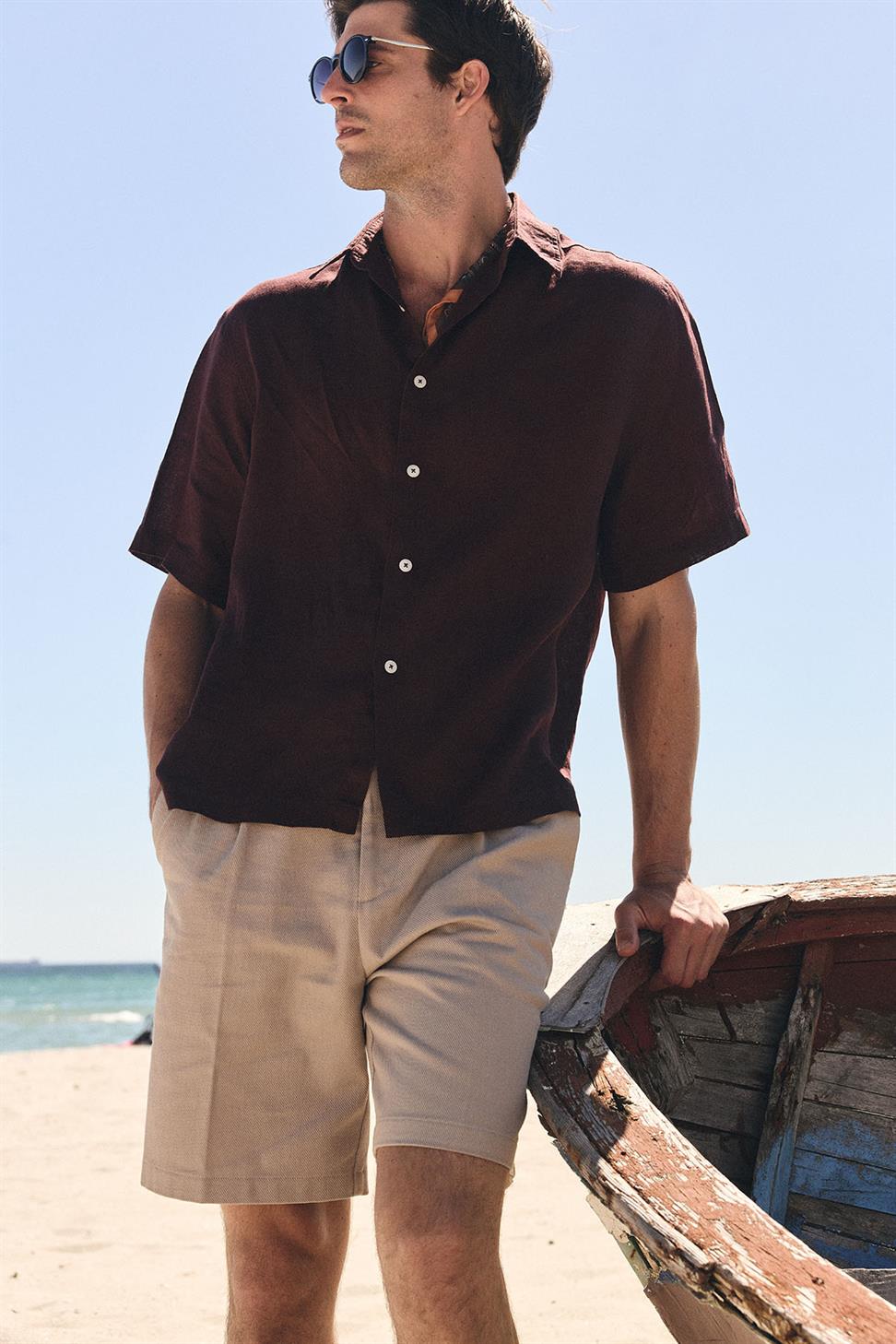 Antioch Kahve 100% Keten Relaxed Erkek Gömlek