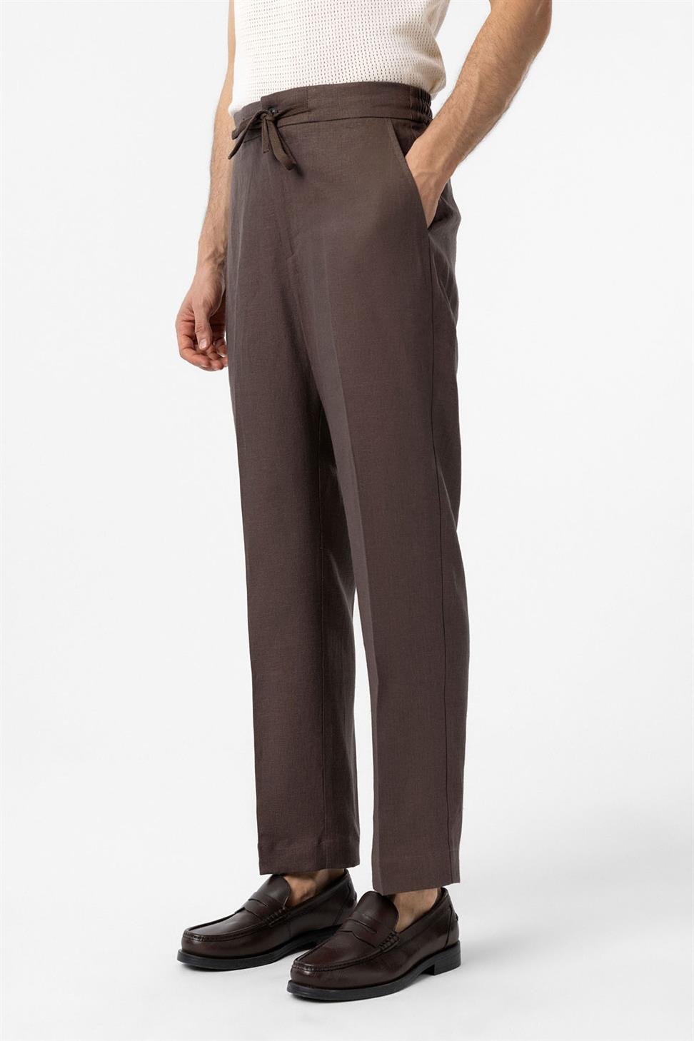 Antioch Kahve 100% Keten Yüksek Bel Erkek Pantolon
