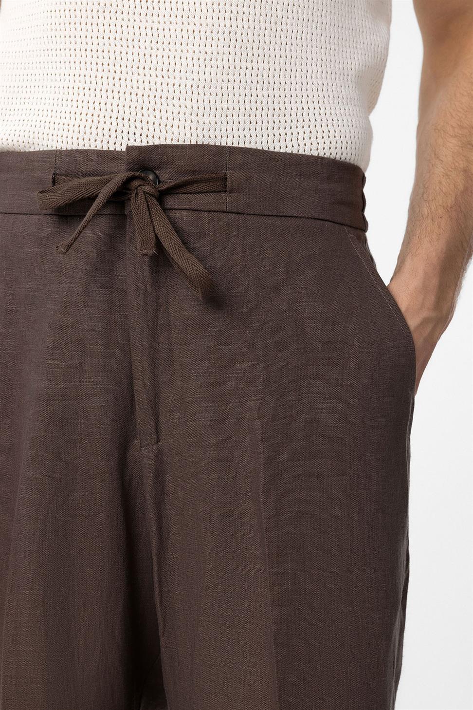 Antioch Kahve 100% Keten Yüksek Bel Erkek Pantolon