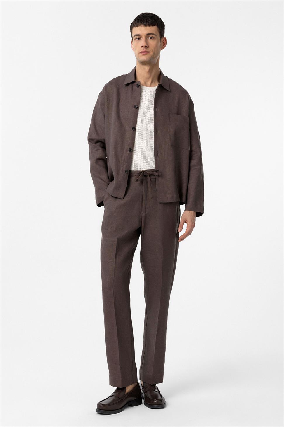 Antioch Kahve 100% Keten Yüksek Bel Erkek Pantolon