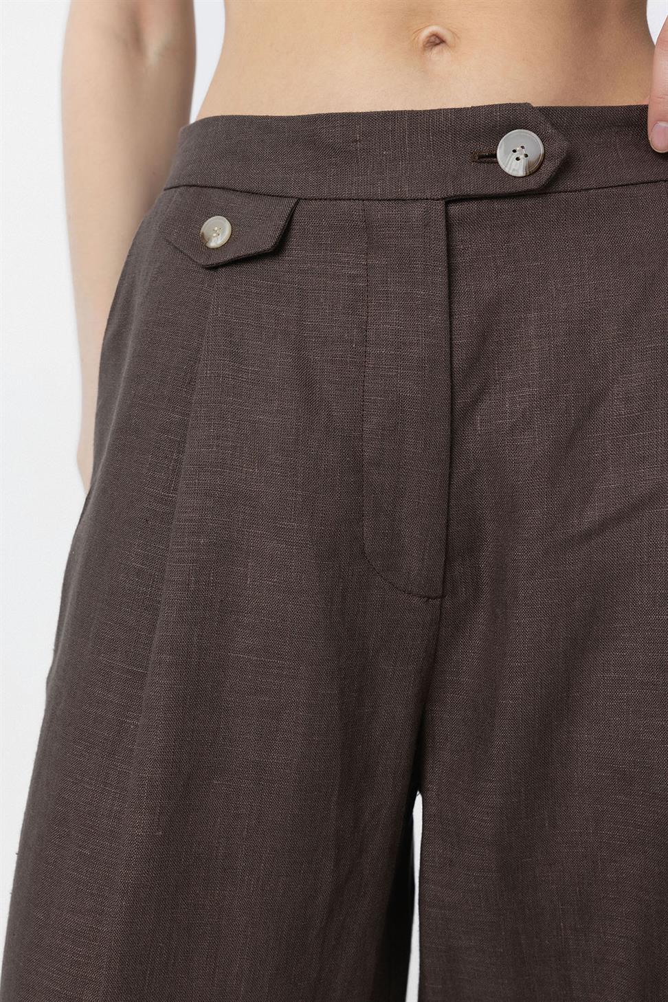 Antioch Kahve 100% Keten Yüksek Bel Pilili Kadın Pantolon