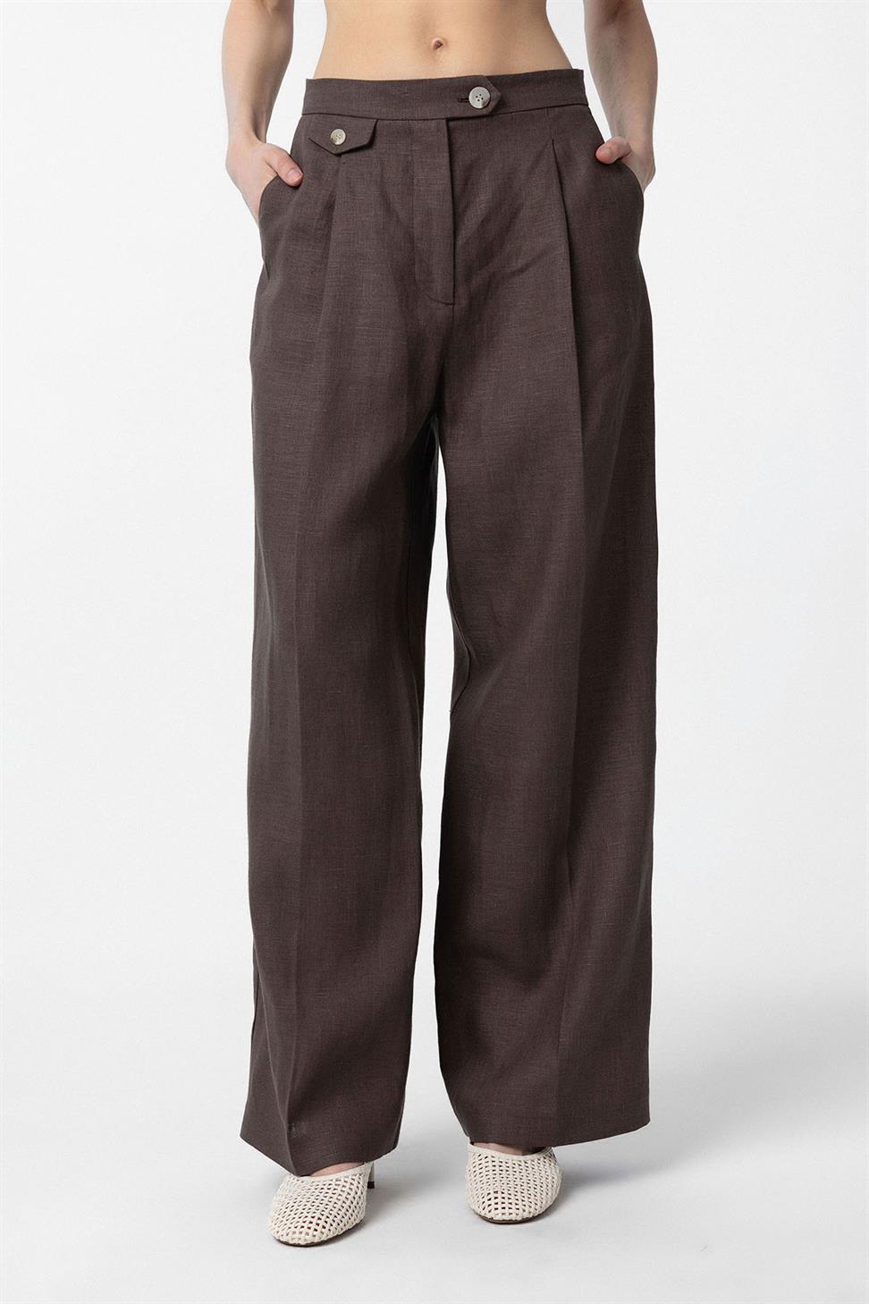 Antioch Kahve 100% Keten Yüksek Bel Pilili Kadın Pantolon