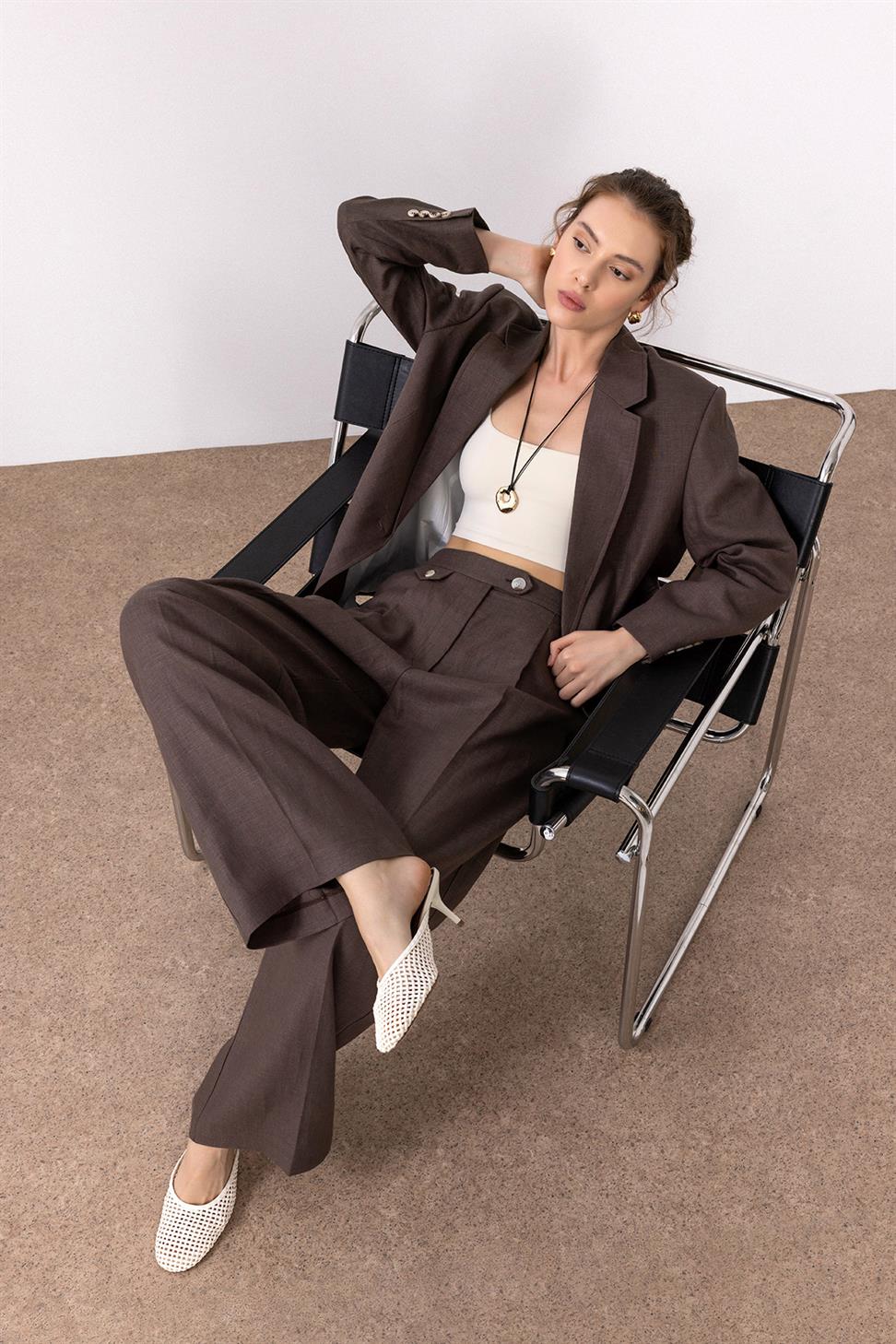 Antioch Kahve 100% Keten Yüksek Bel Pilili Kadın Pantolon