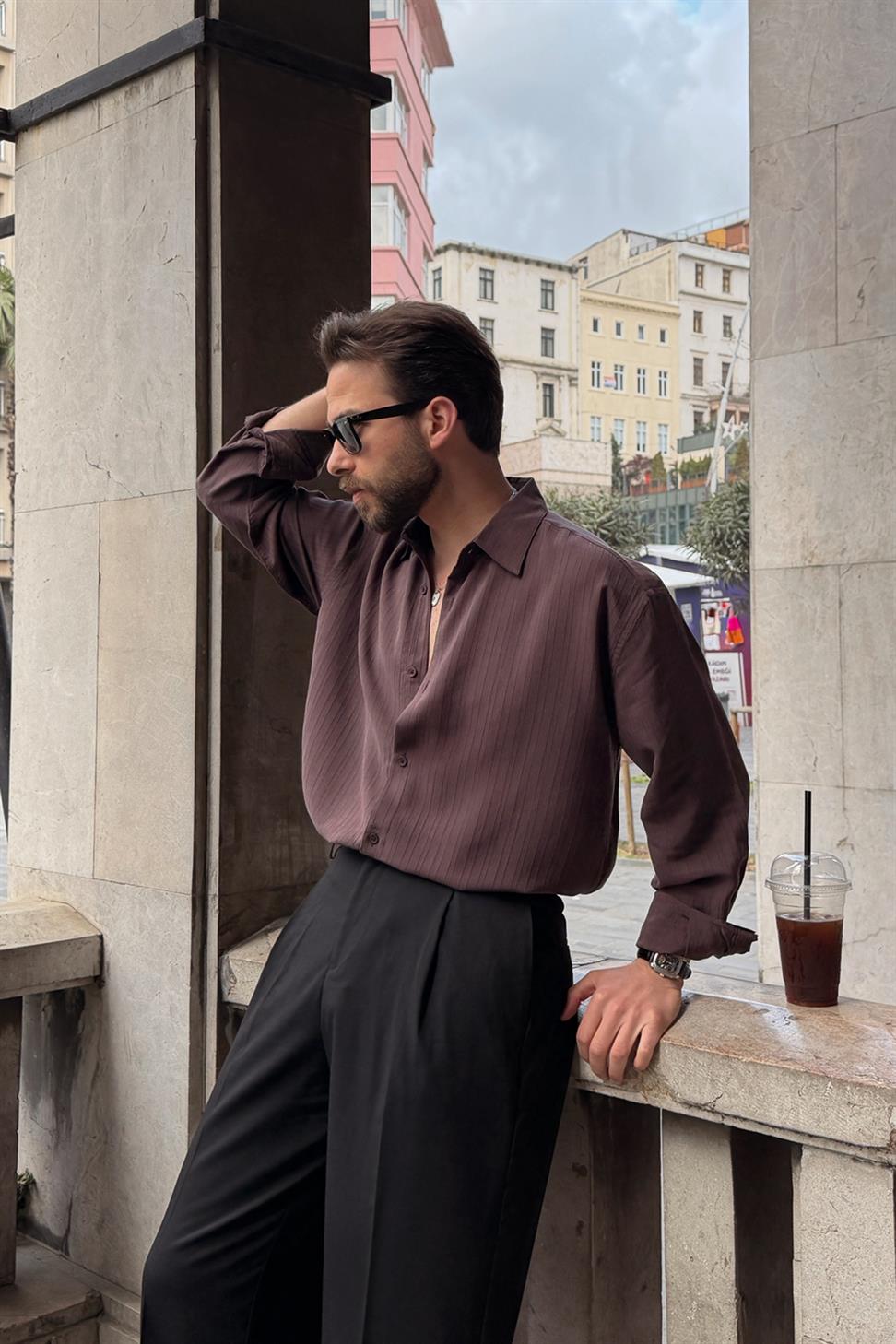 قميص رجالي بنسيج مخطط مصنوع من 100% ليوسيل