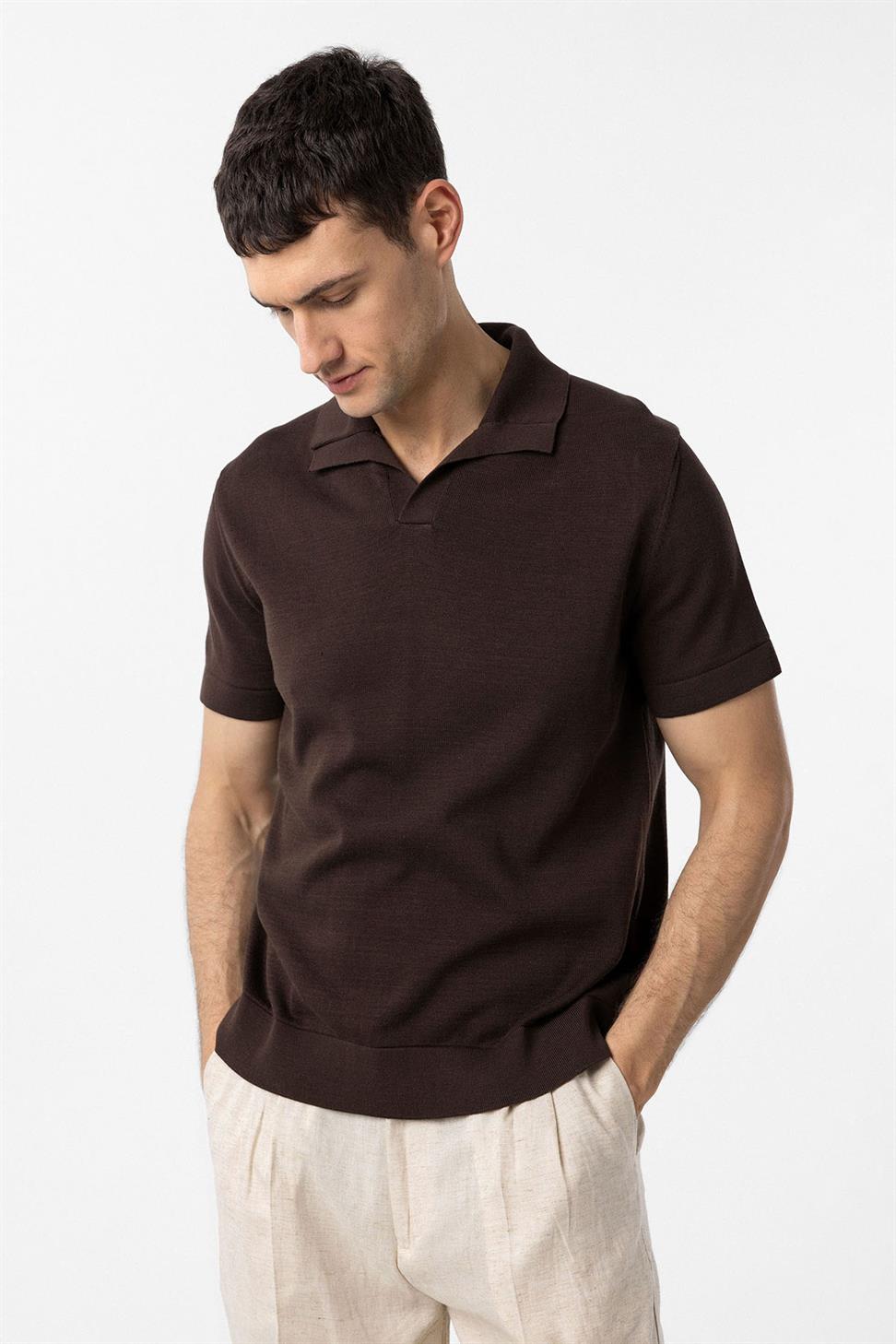 Antioch Kahve 100% Pamuk Apaş Yaka Triko T-Shirt