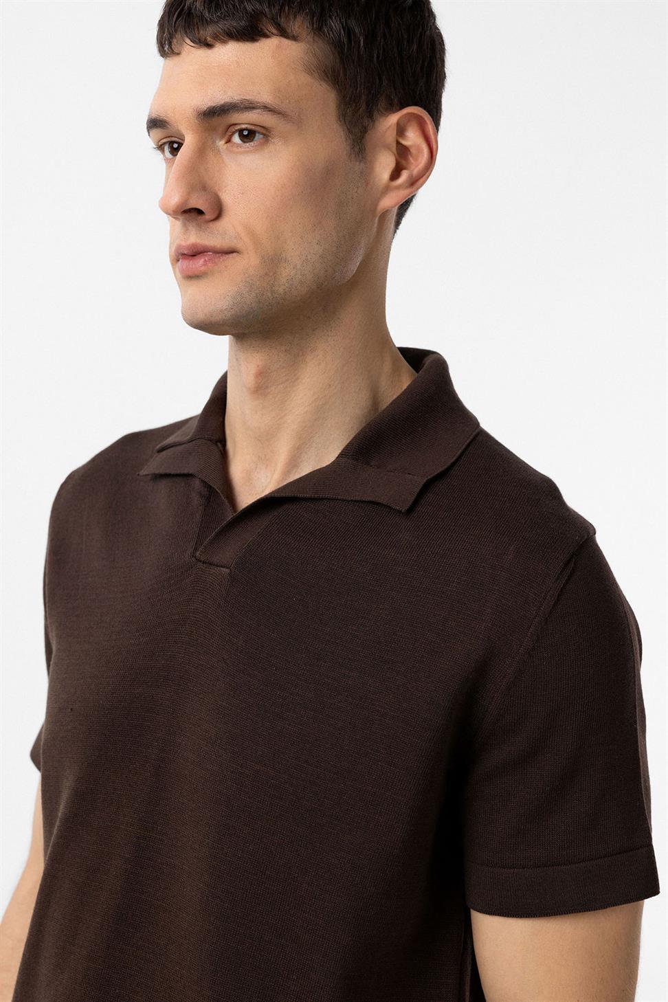 Antioch Kahve 100% Pamuk Apaş Yaka Triko T-Shirt