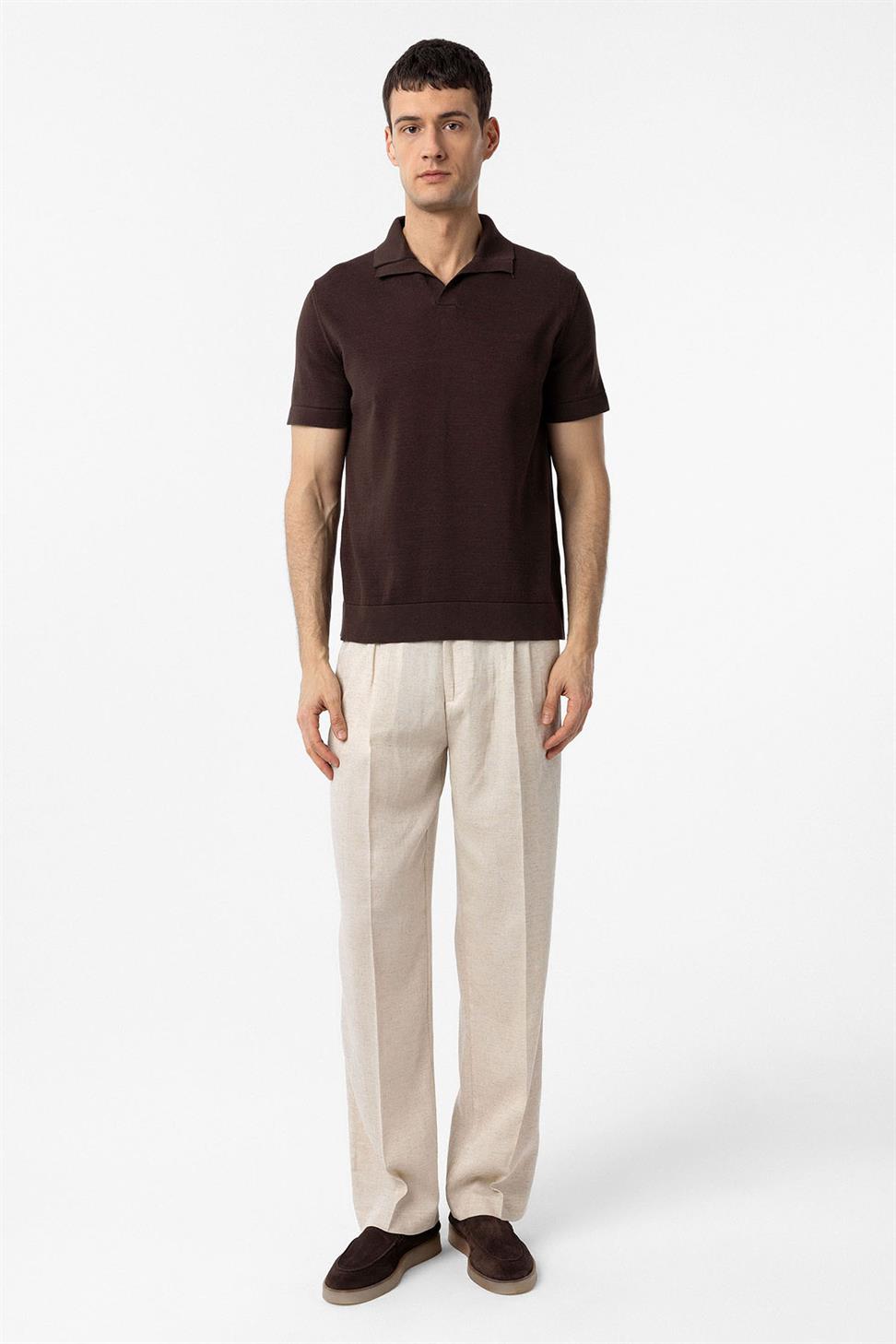 Antioch Kahve 100% Pamuk Apaş Yaka Triko T-Shirt