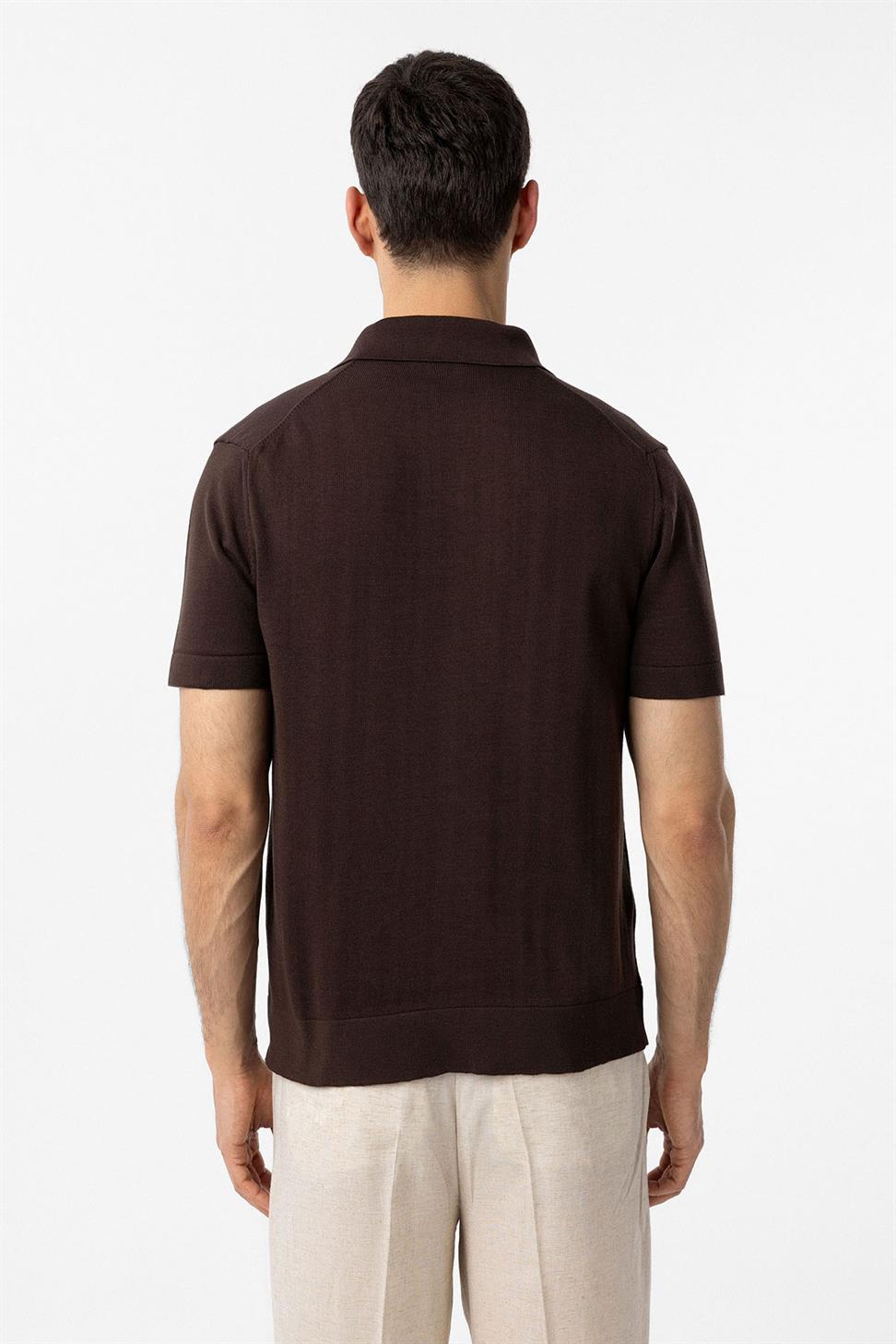 Antioch Kahve 100% Pamuk Apaş Yaka Triko T-Shirt