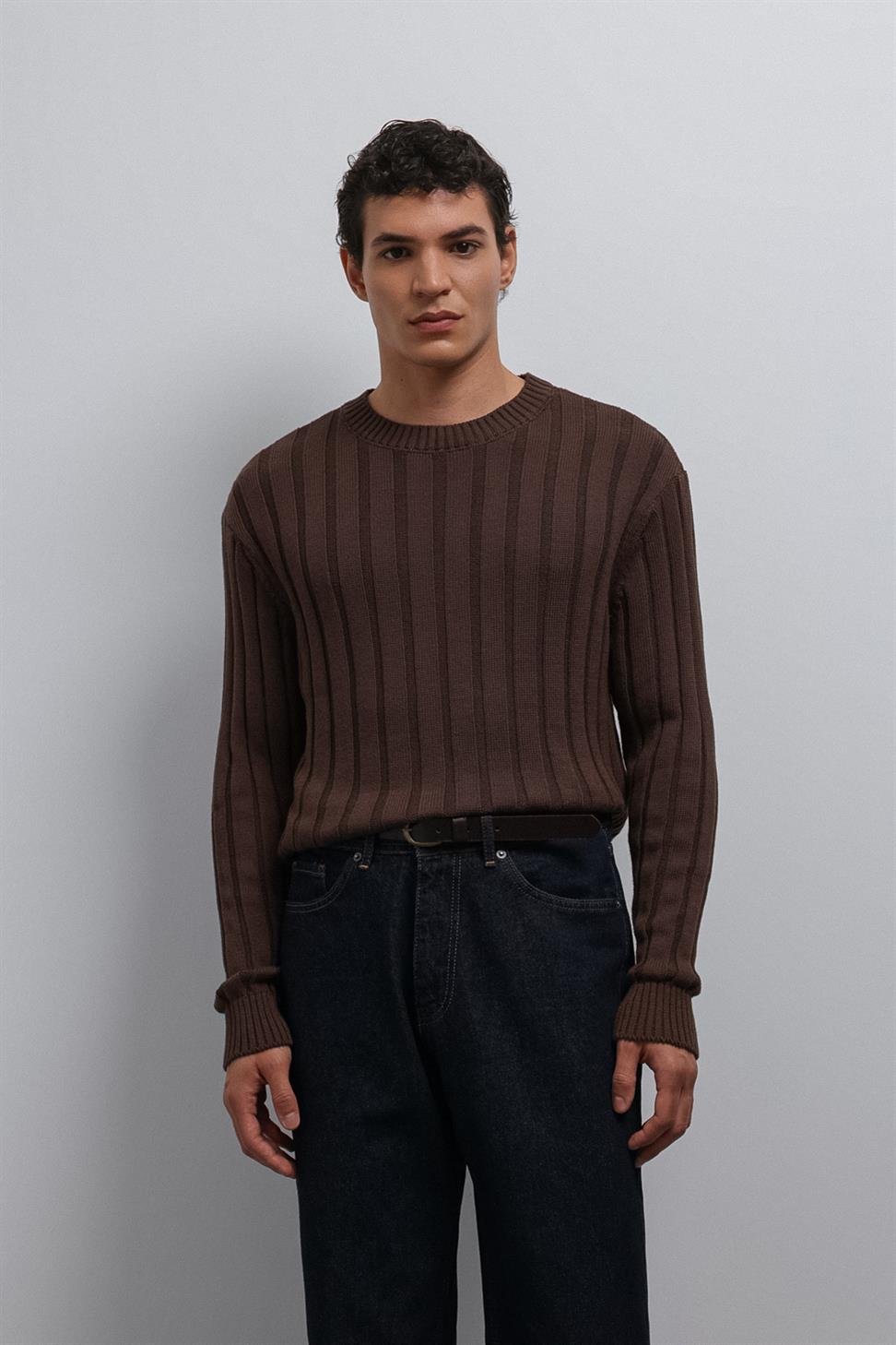 Antioch Kahve 100% Pamuk Fitilli Erkek Kazak