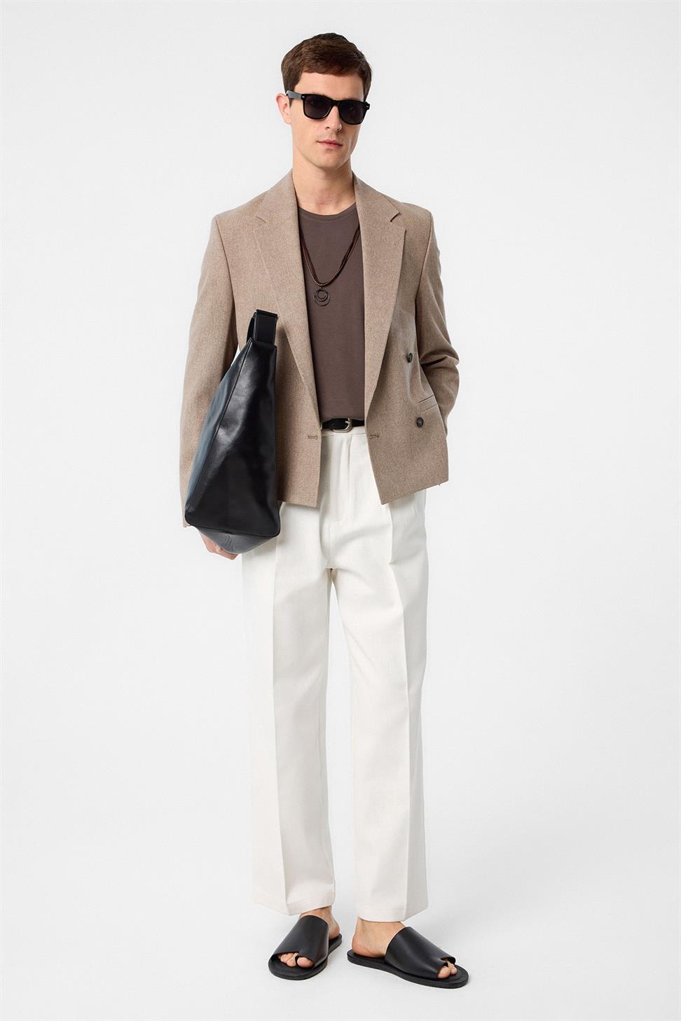 Antioch Kahve Relax Fit Kruvaze Crop Erkek Blazer Ceket